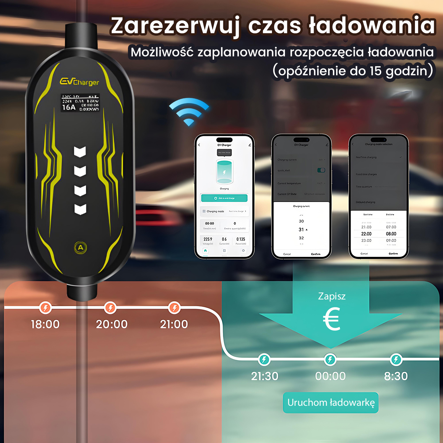 Ładowarka EV z aplikacją do planowania ładowania na trzech telefonach. Harmonogram 18:00-21:00.