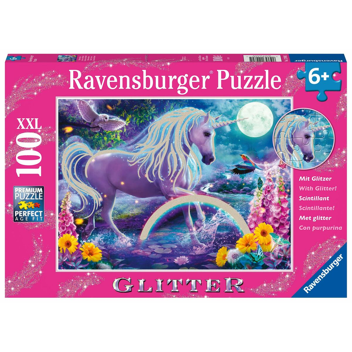 Puzzle Ravensburger con unicorno, luna e arcobaleno. 100 pezzi, XXL, con glitter.