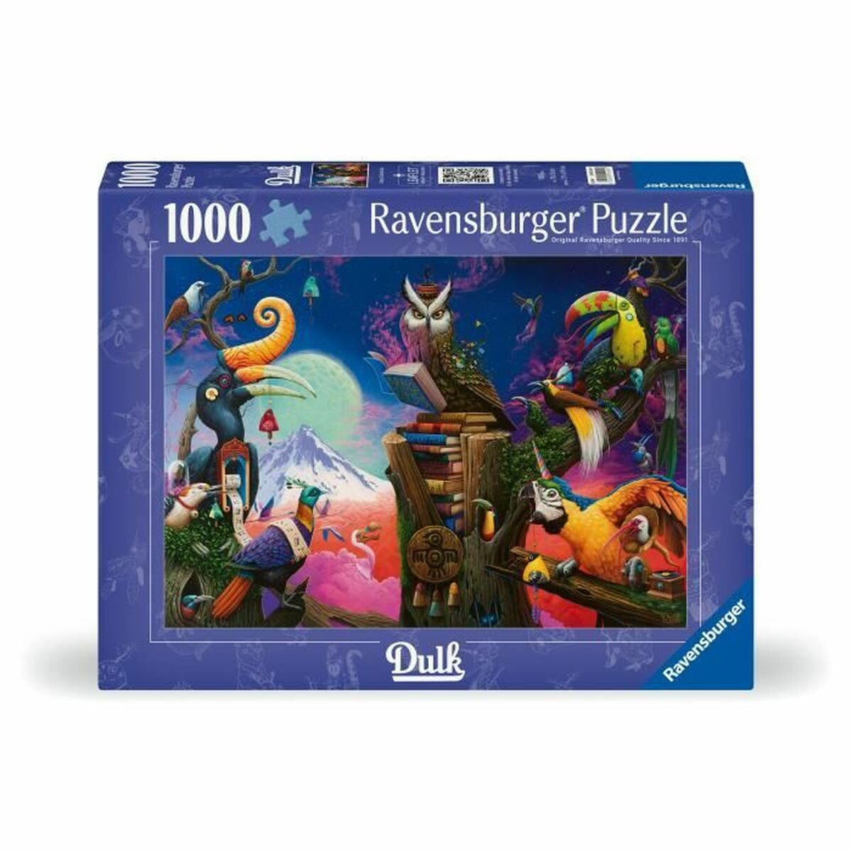 Ein Ravensburger Puzzle mit 1000 Teilen, das eine surreale Szene mit vielen Vögeln und einer Eule zeigt.