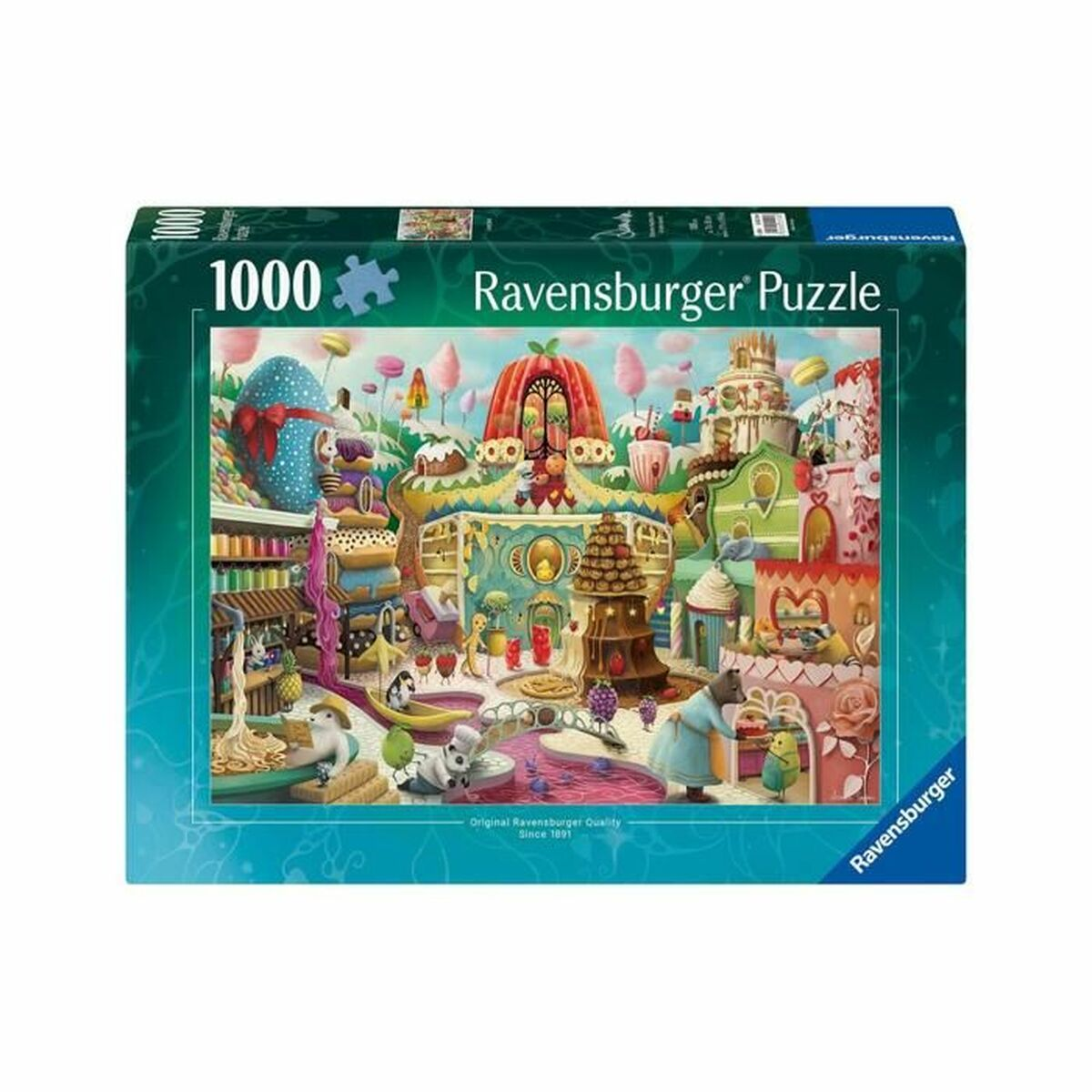 Puzzle Ravensburger da 1000 pezzi: Un mondo di caramelle stravagante con animali ed edifici.