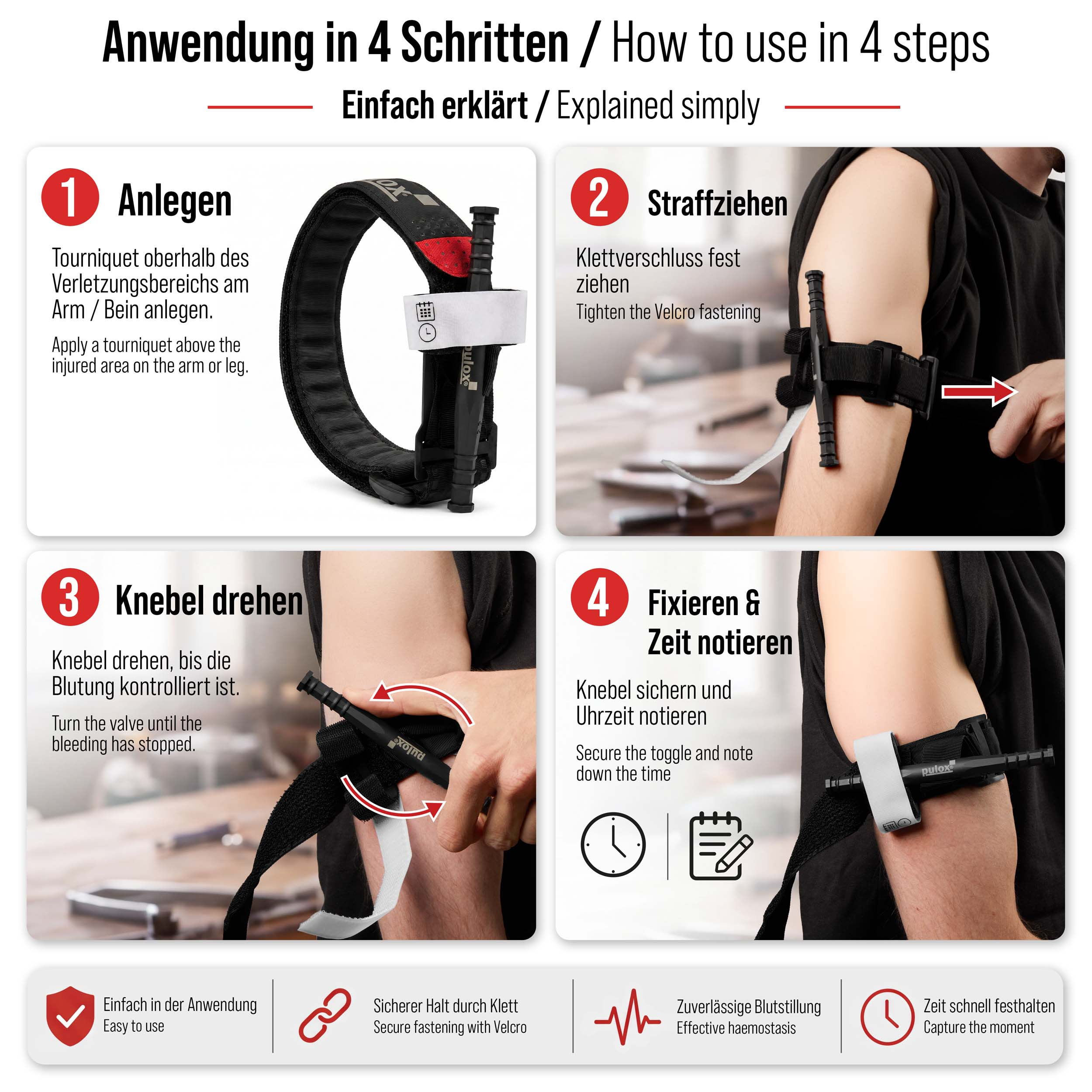 Anleitung zur Anwendung eines Tourniquets in 4 Schritten mit Bildern.