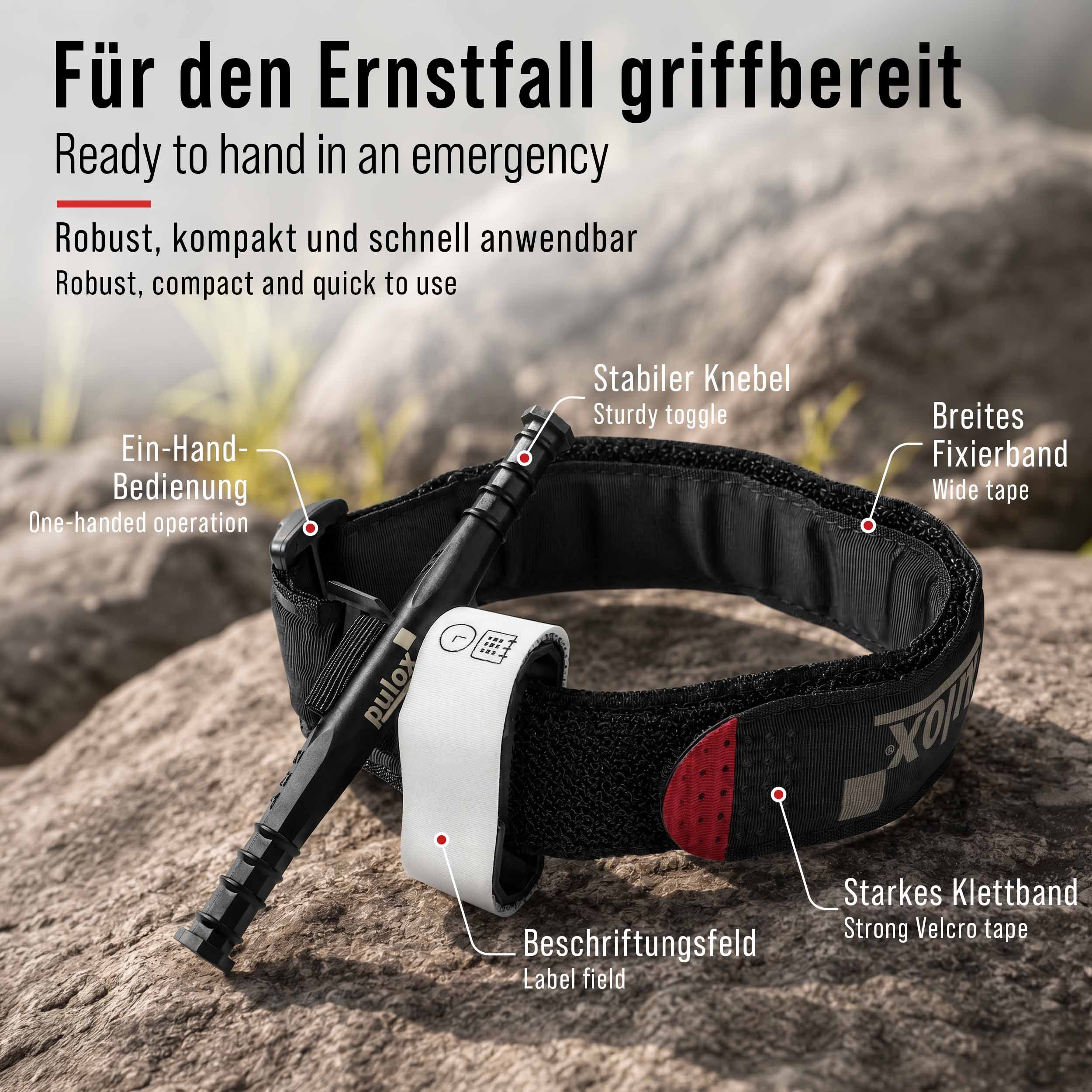 Schwarzer Tourniquet mit Beschriftungen auf Felsen.