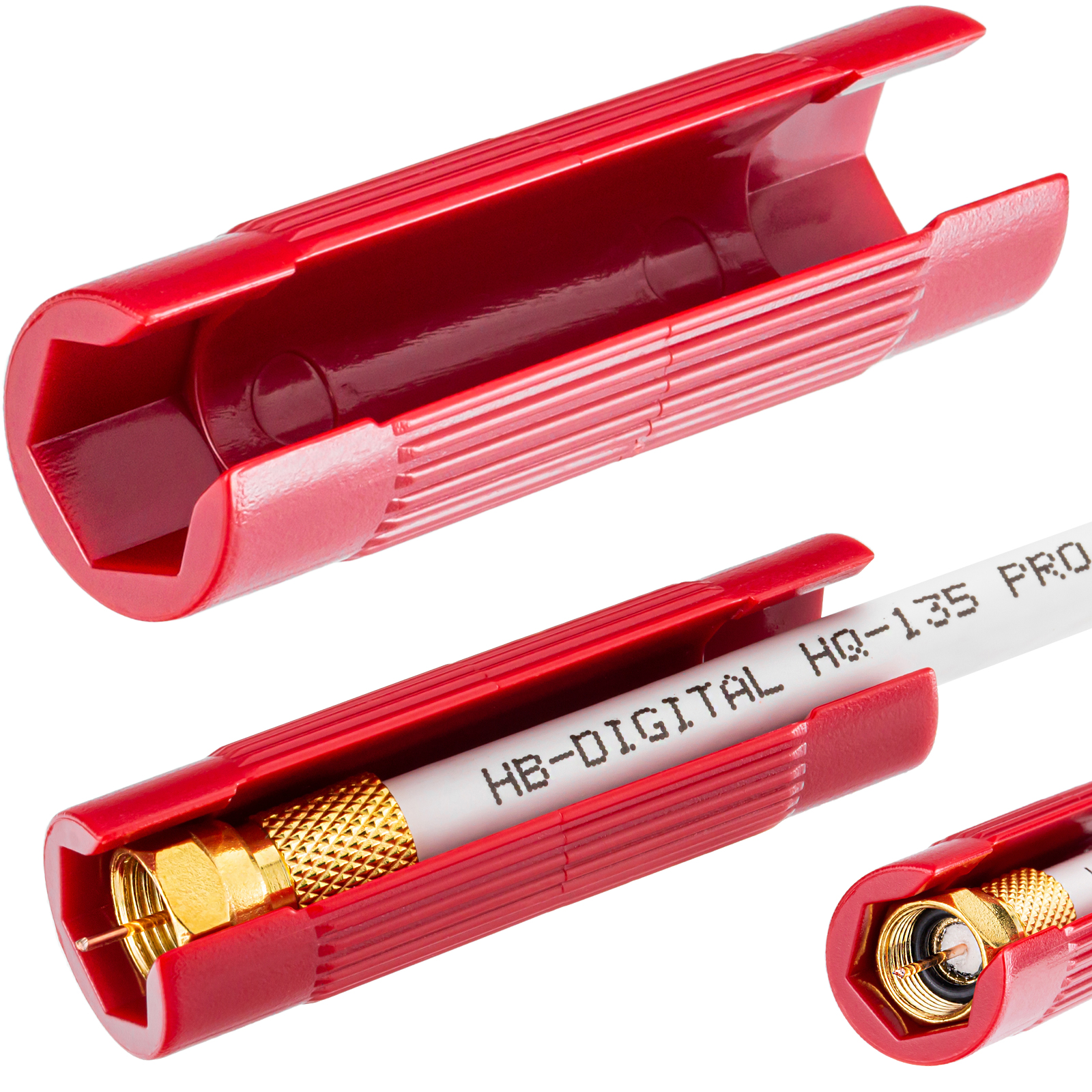 Roter Stecker-Abisolierer zeigt einen goldfarbenen F-Stecker und ein HB-DIGITAL HQ-135 PRO Kabel.