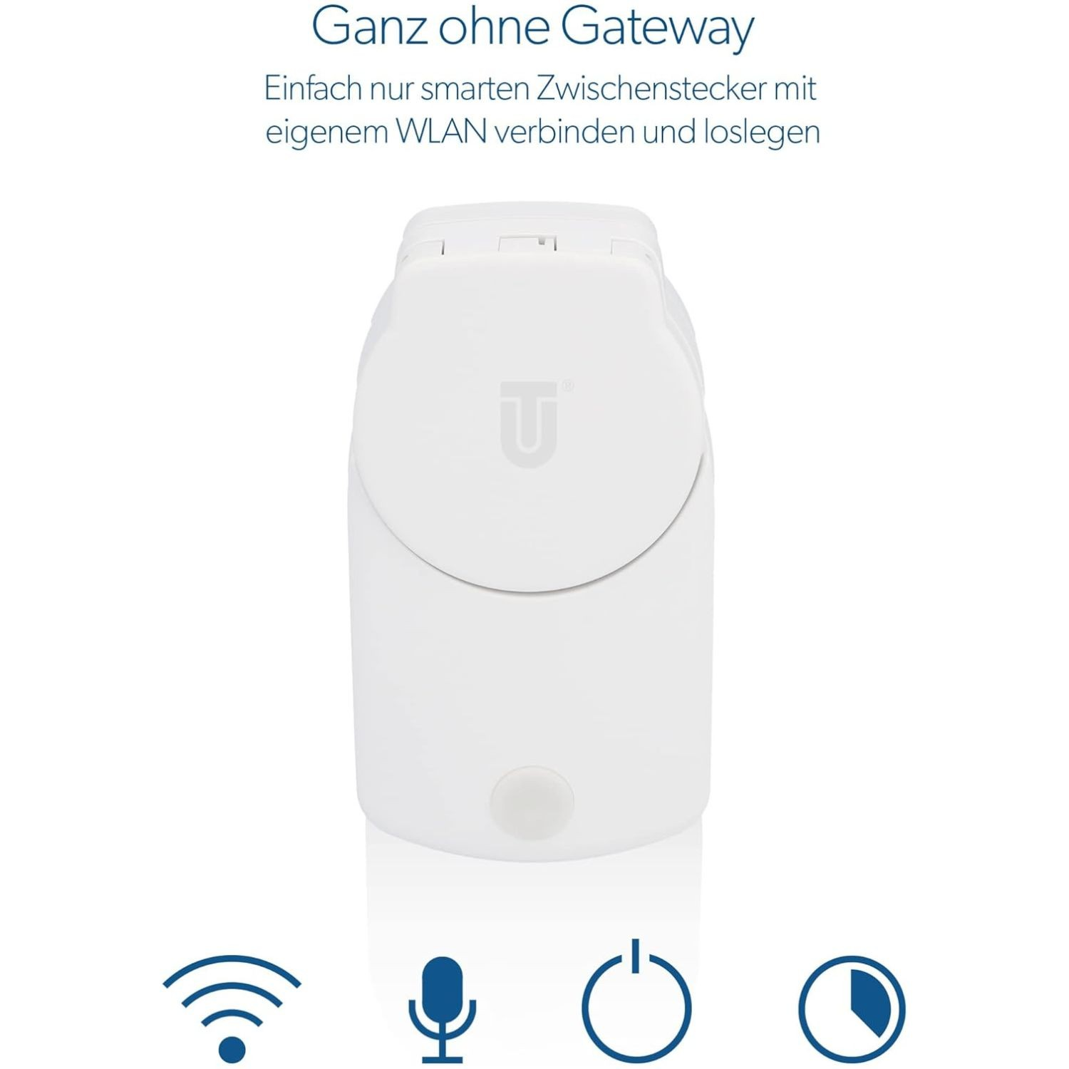 Ein weißer smarter Zwischenstecker mit WLAN-Symbol, Mikrofon, Power- und Timer-Symbol.