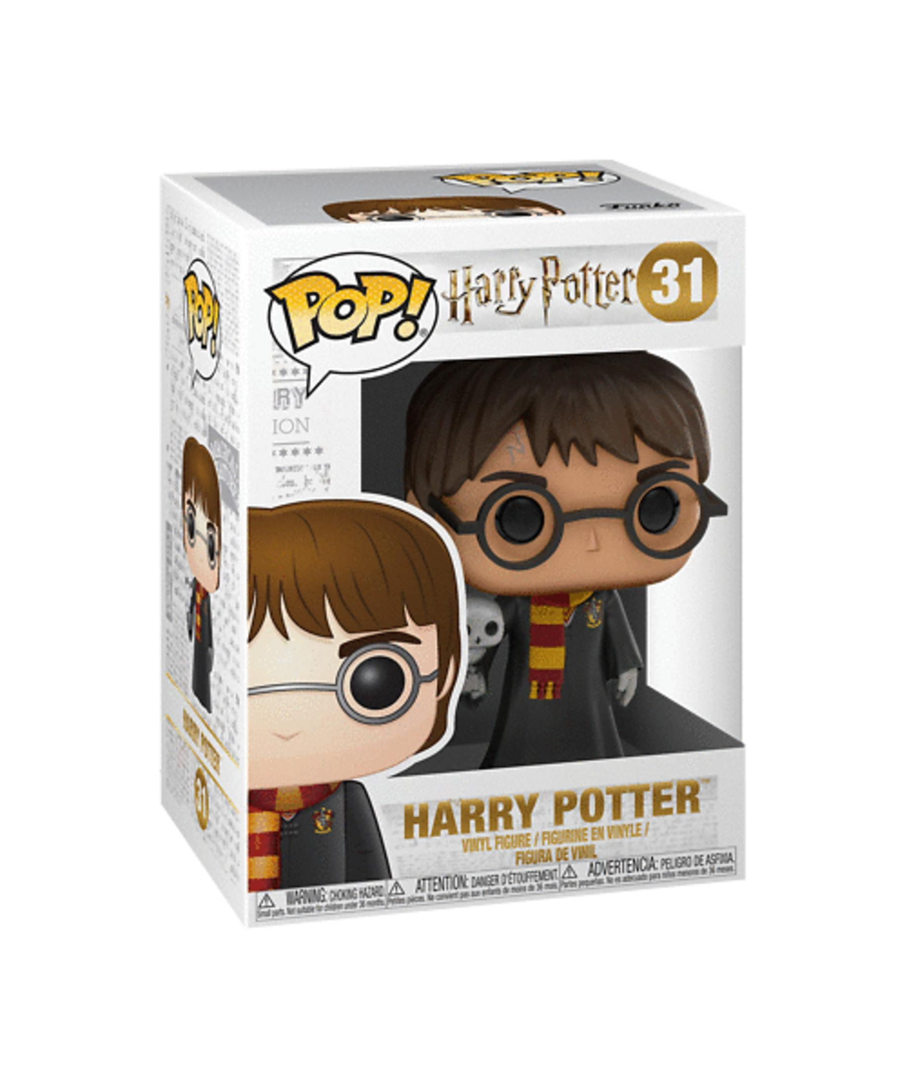 Action figure Funko Pop Harry Potter in box, con occhiali e sciarpa.