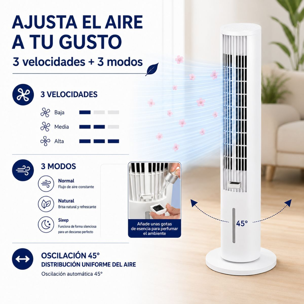 Ein weißer Turmventilator mit 3 Geschwindigkeiten und 3 Modi, der Luft ausbläst.