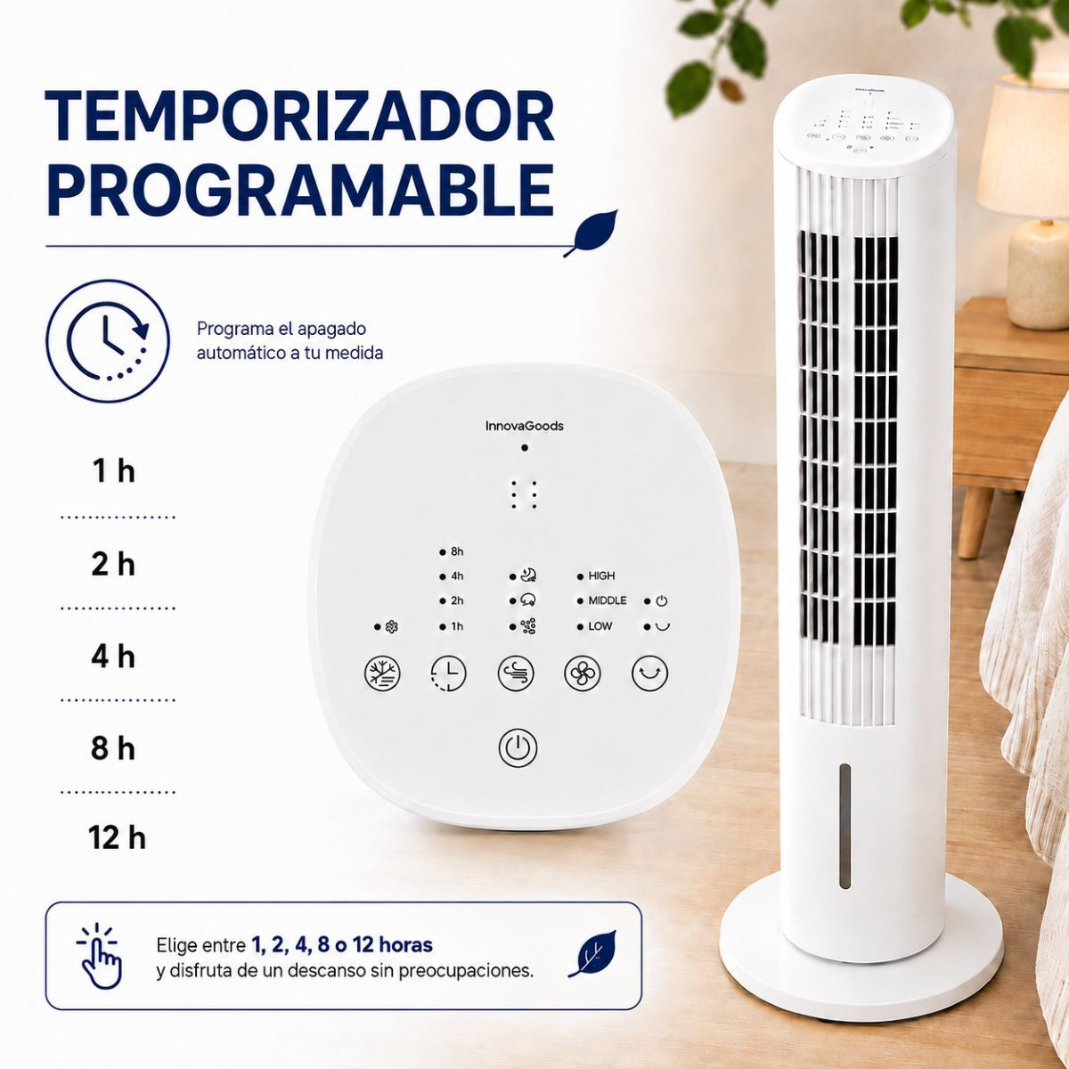 Ein weißer Turmventilator mit Fernbedienung und Timer-Optionen.