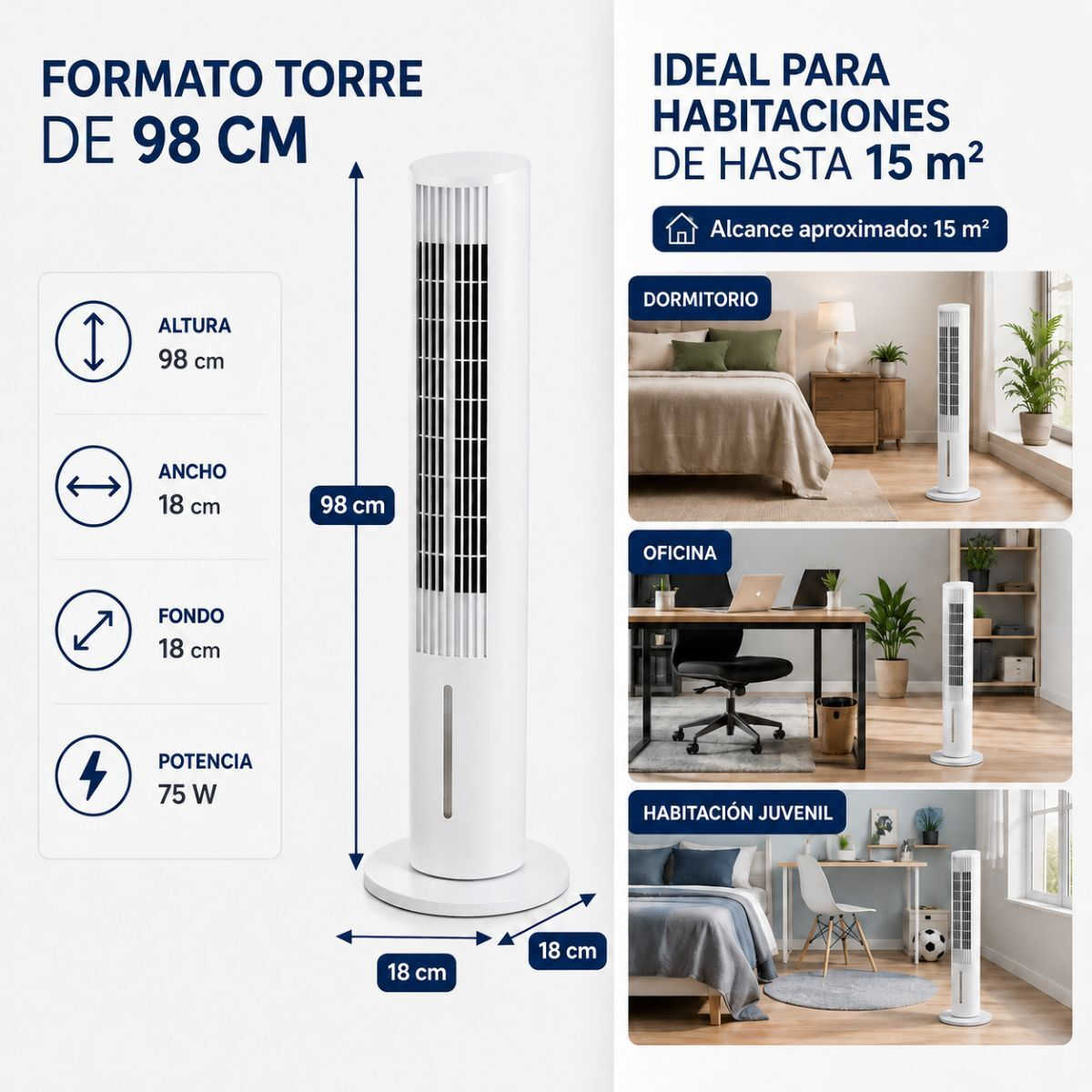Ein weißer Turmlüfter, 98cm hoch, 18cm breit/tief, 75W. Geeignet für Räume bis 15m².