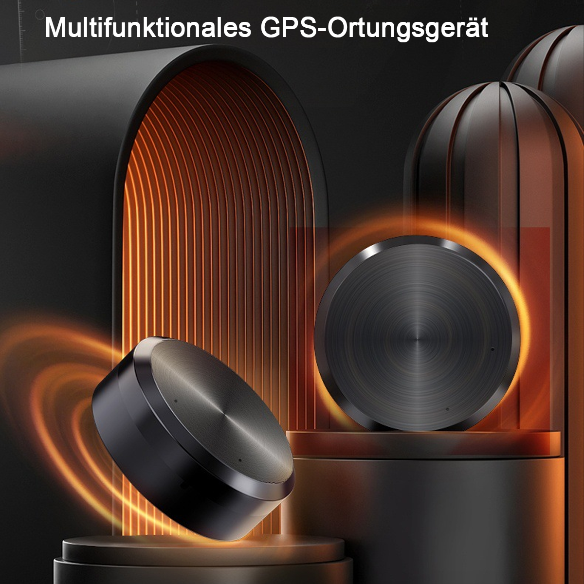 Ein schwarzer, runder GPS-Tracker mit gebürsteter Metalloberfläche.