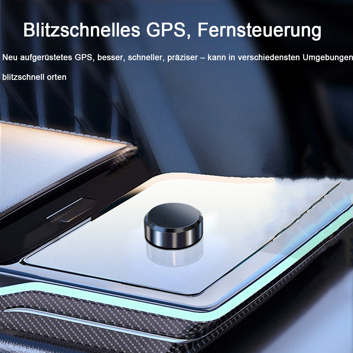 Ein kleiner schwarzer GPS-Tracker liegt auf einer glatten Oberfläche.