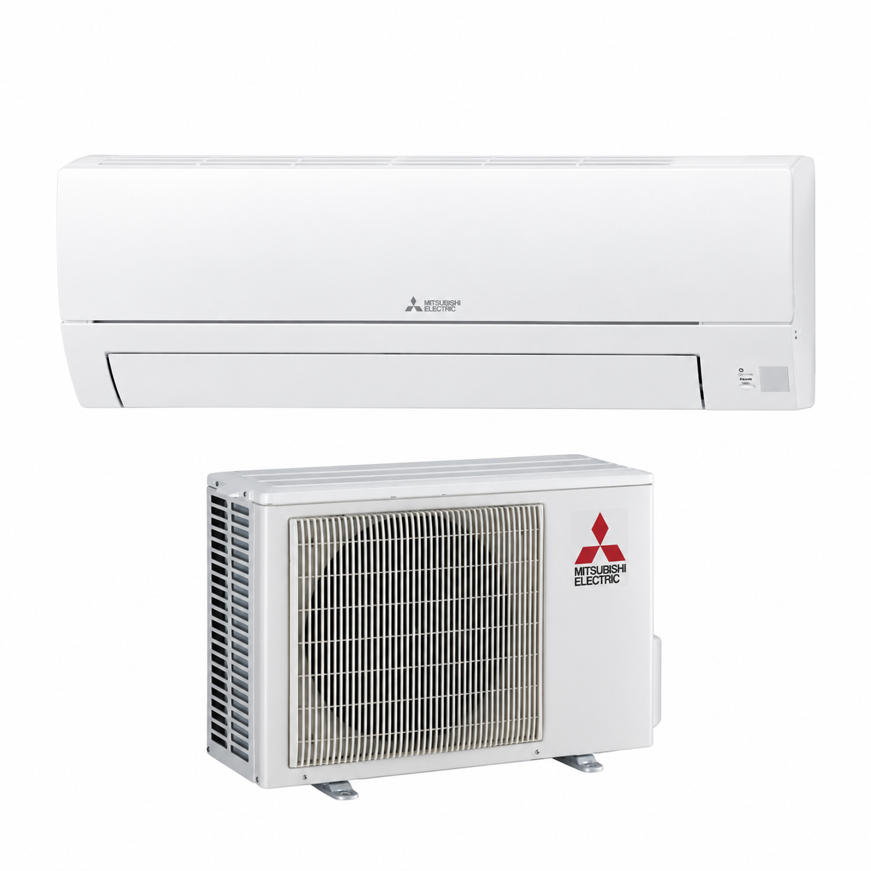 Un condizionatore Mitsubishi Electric bianco, unità interna ed esterna, su sfondo bianco.