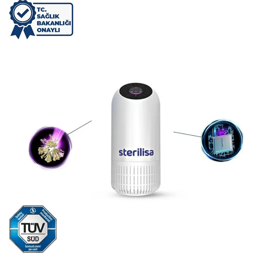 Sterilisa logolu, virüs görselli ve TUV SUD damgalı beyaz sterilizatör.