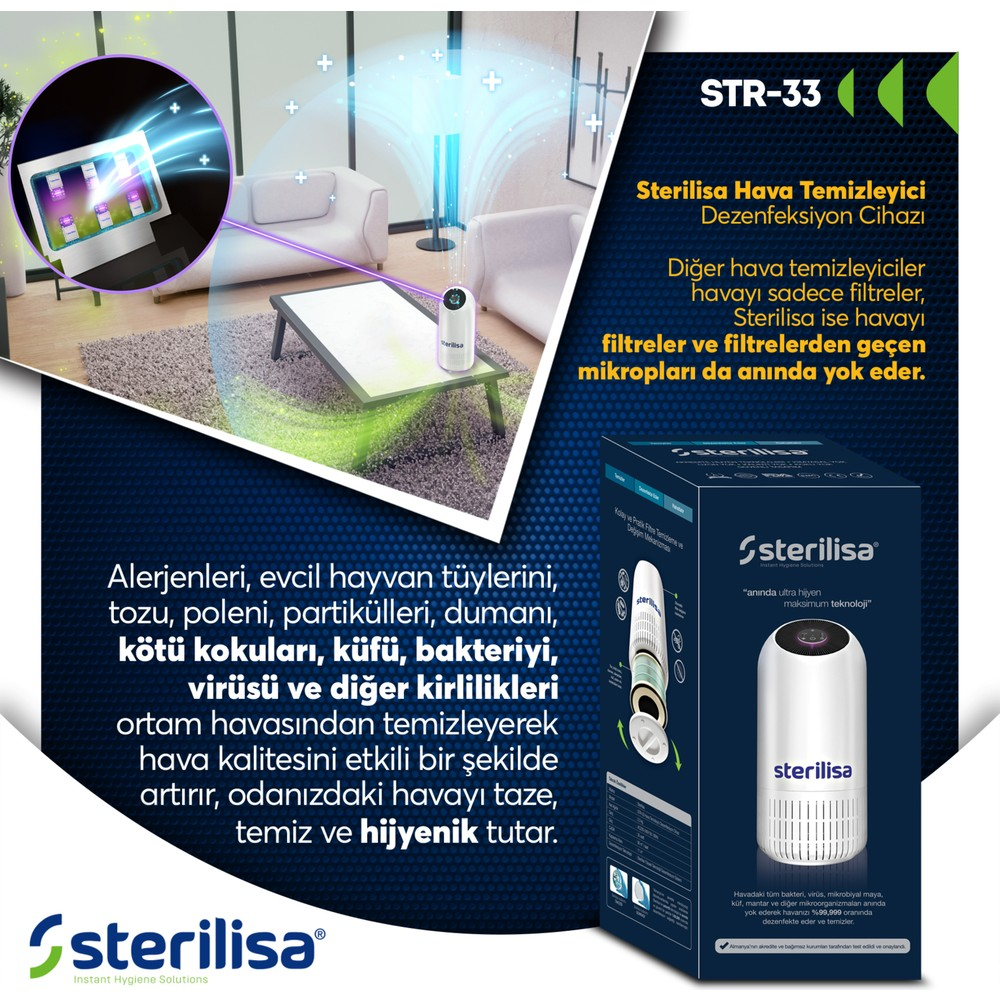 Modern bir oturma odasında Sterilisa hava temizleyici ve dezenfeksiyon cihazı.