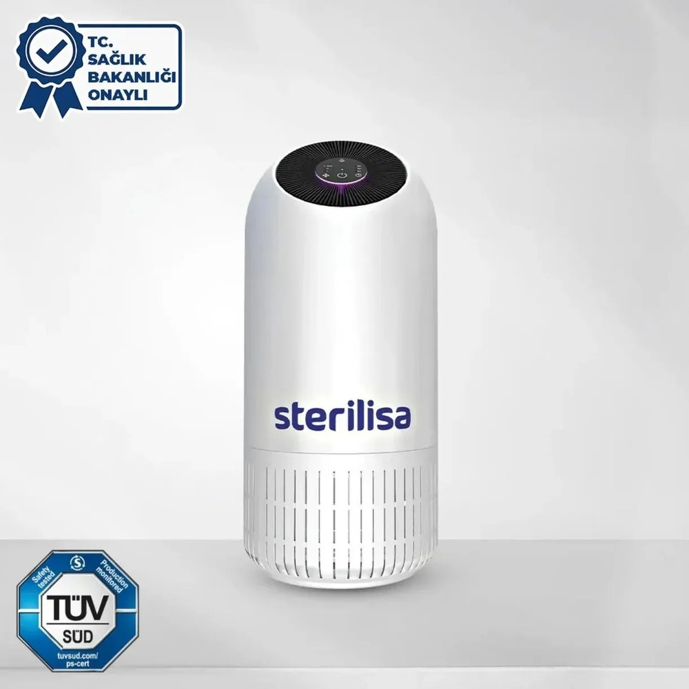 Sterilisa logolu ve sertifikalı beyaz hava temizleyici.