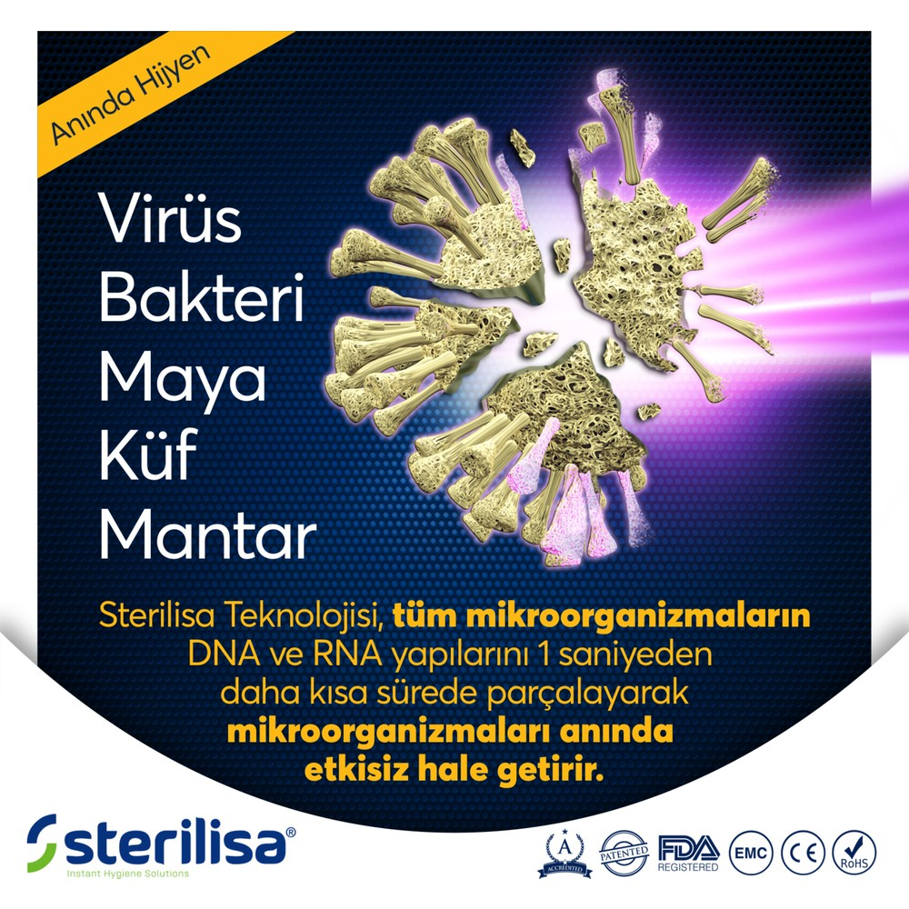 Mor ışık huzmesiyle çözünen virüs veya bakterinin soyut temsili.
