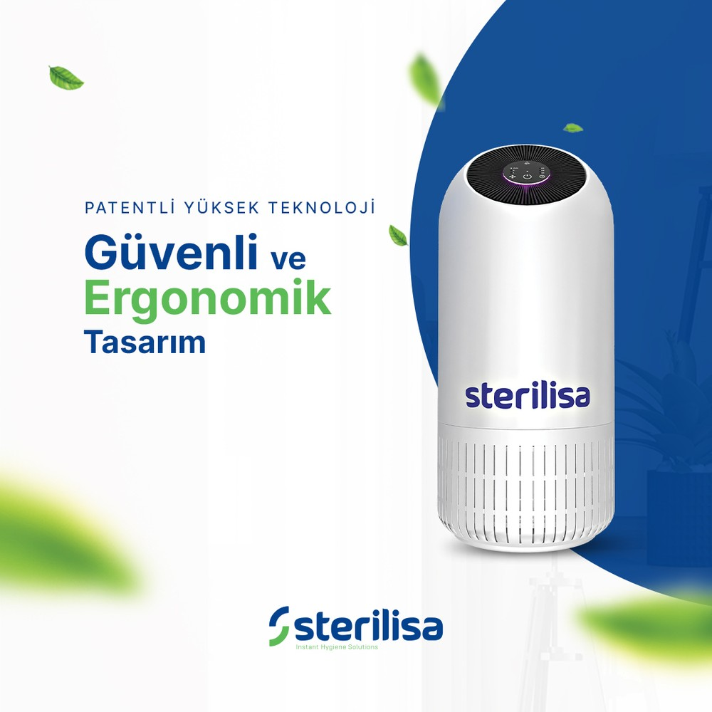 Sterilisa logolu beyaz hava temizleyici, mavi ve beyaz arka plana karşı.