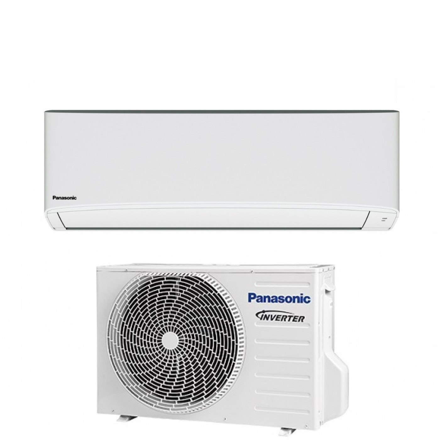 Un condizionatore Panasonic bianco, composto da un'unità interna a parete e un'unità esterna.