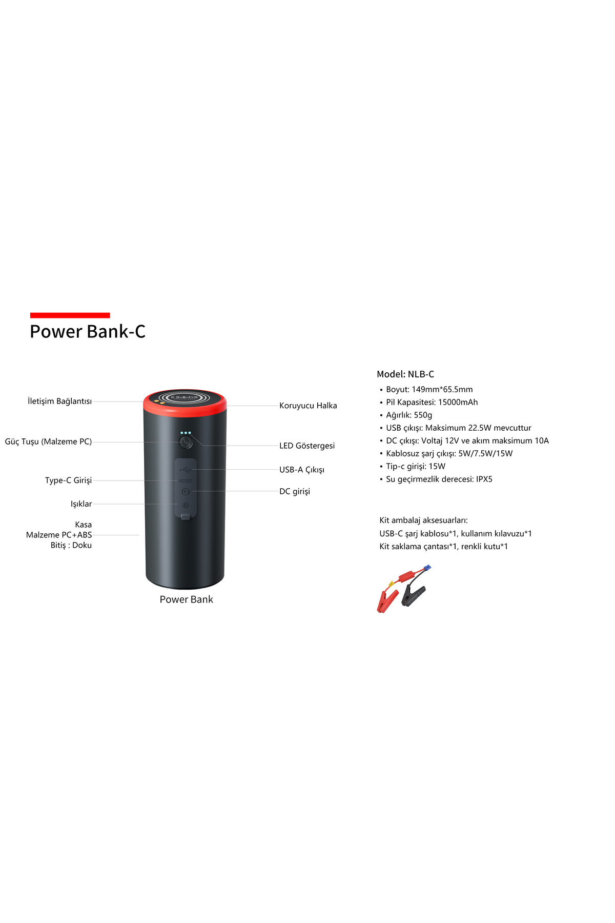 Siyah powerbank, kırmızı aksanlı, USB portlu ve etiketli.
