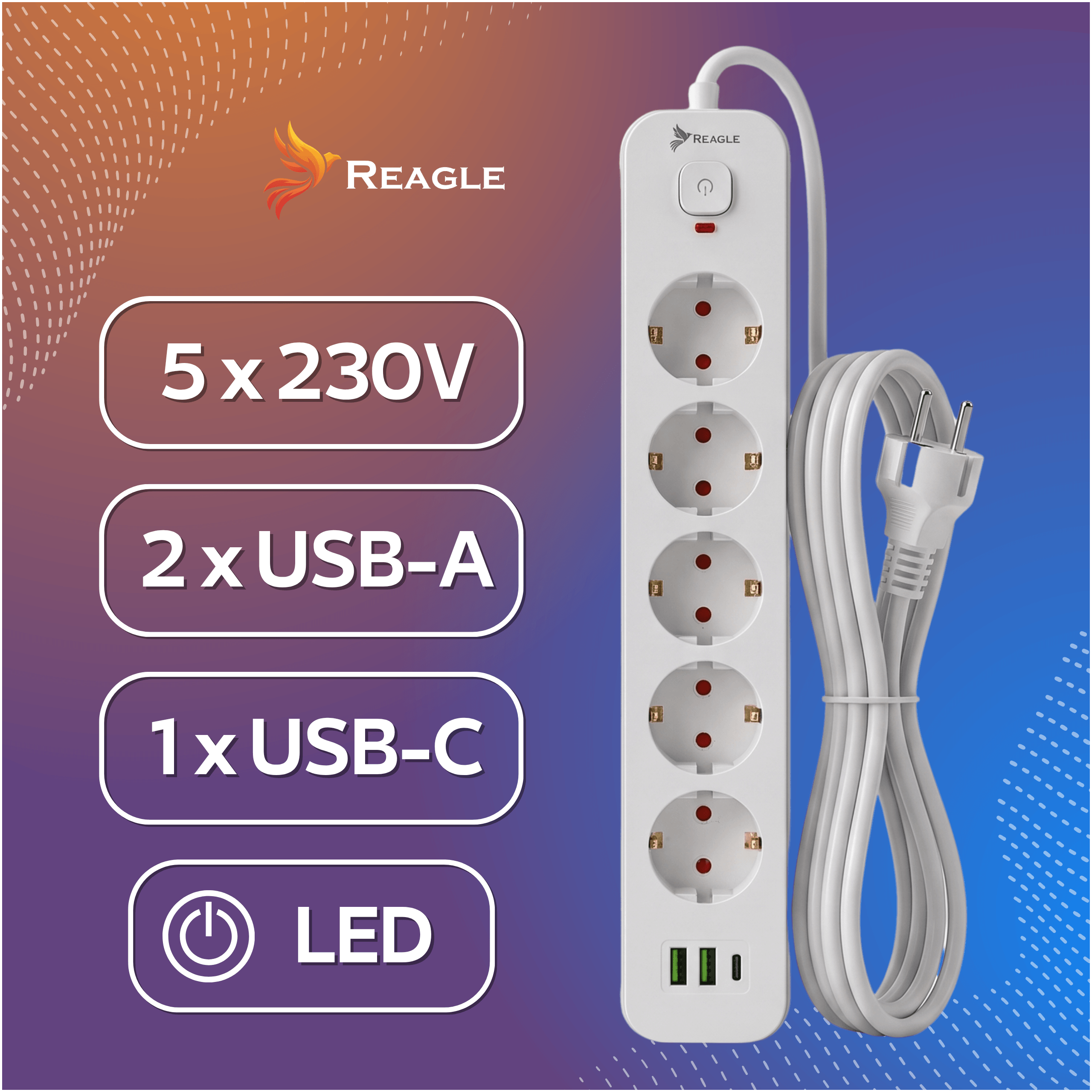 Regleta blanca con 5 enchufes, 2x USB-A, 1x USB-C y LED.