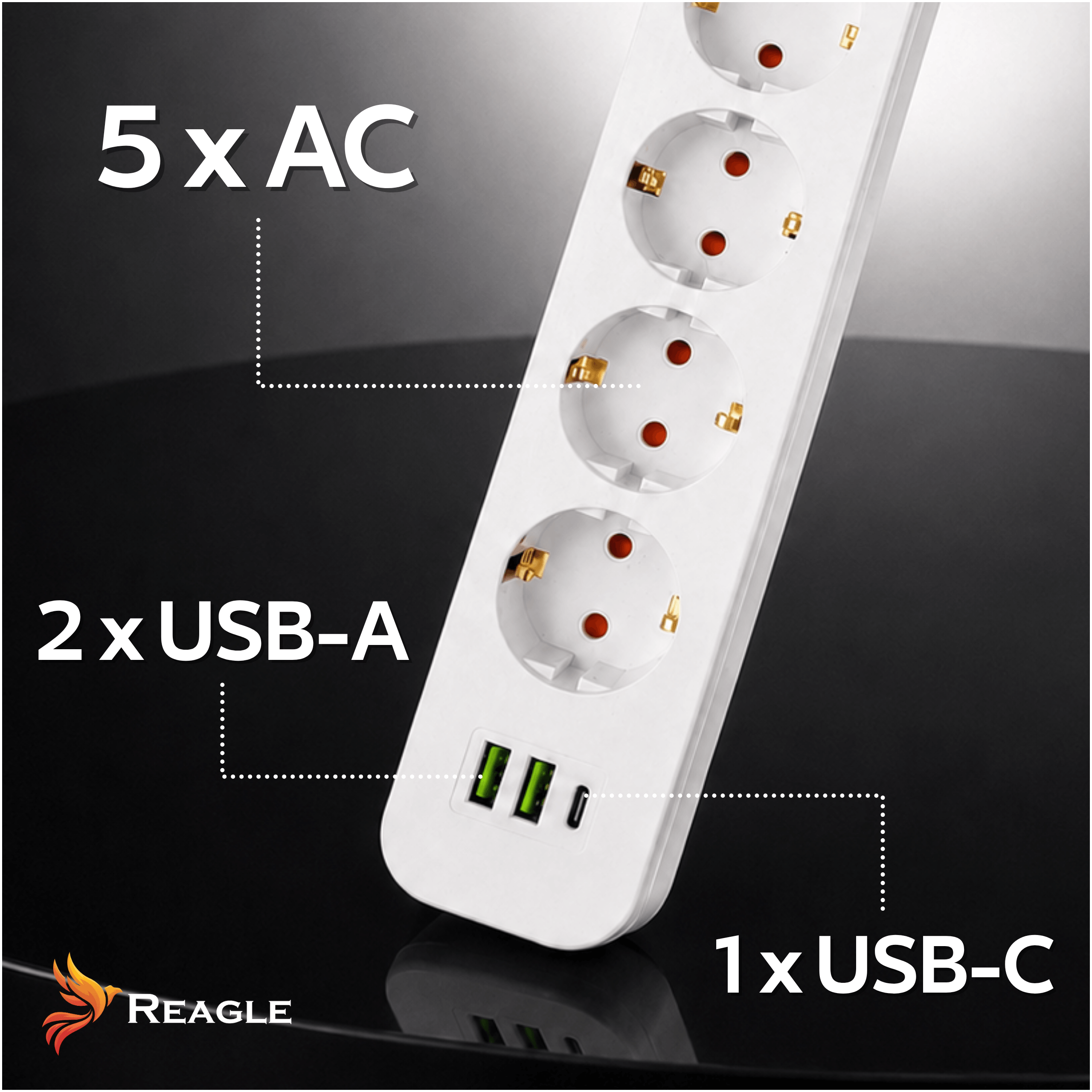 Regleta blanca con 5 enchufes AC, 2 USB-A y 1 USB-C.
