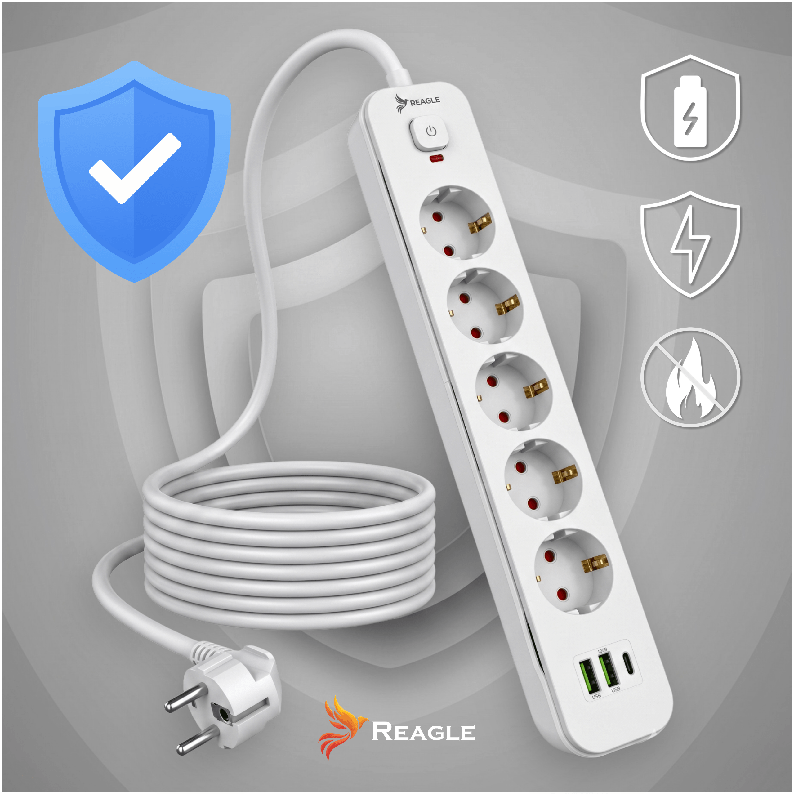 Regleta blanca con cinco enchufes, dos puertos USB y un enchufe.
