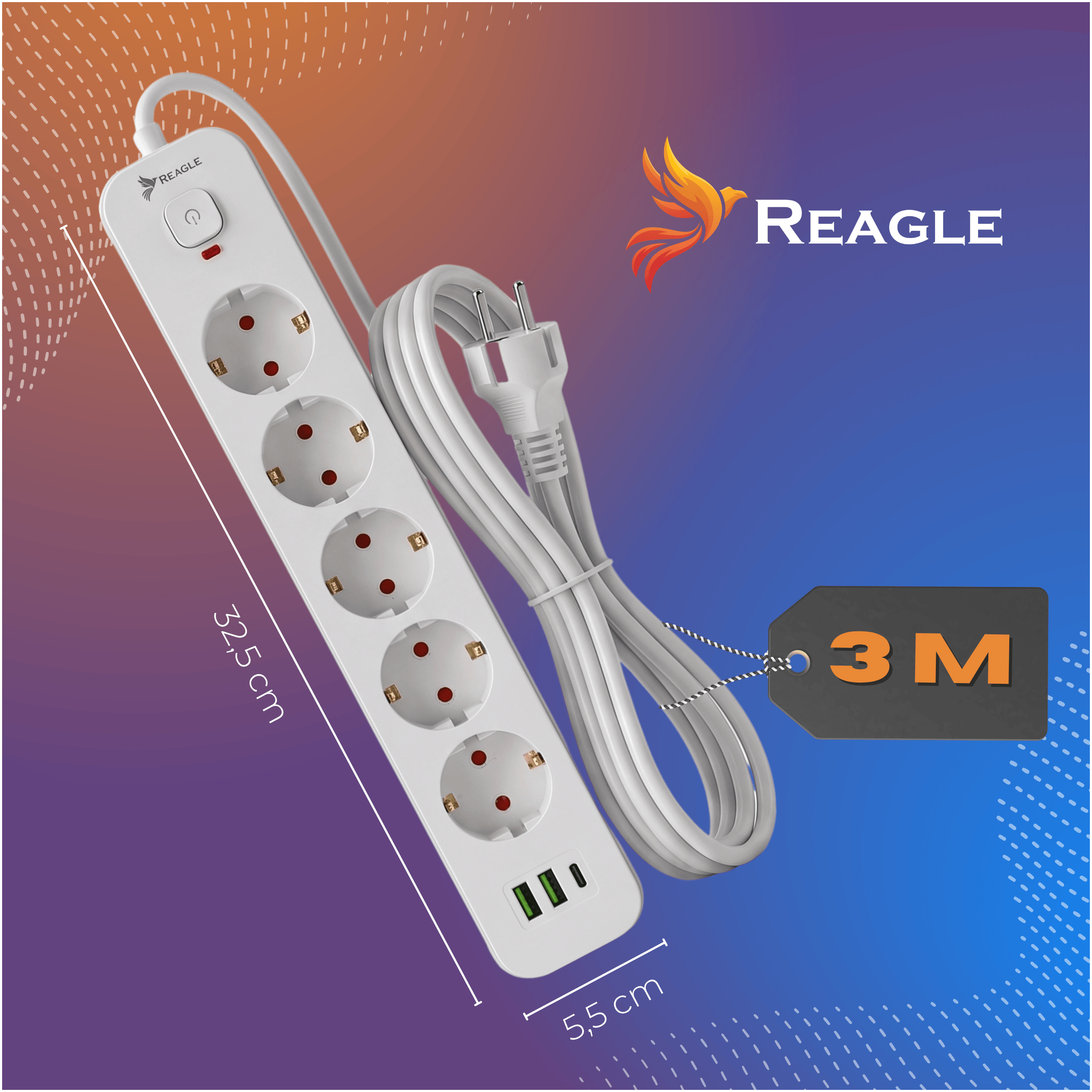 Regleta blanca con 5 enchufes, puertos USB y cable de 3m.