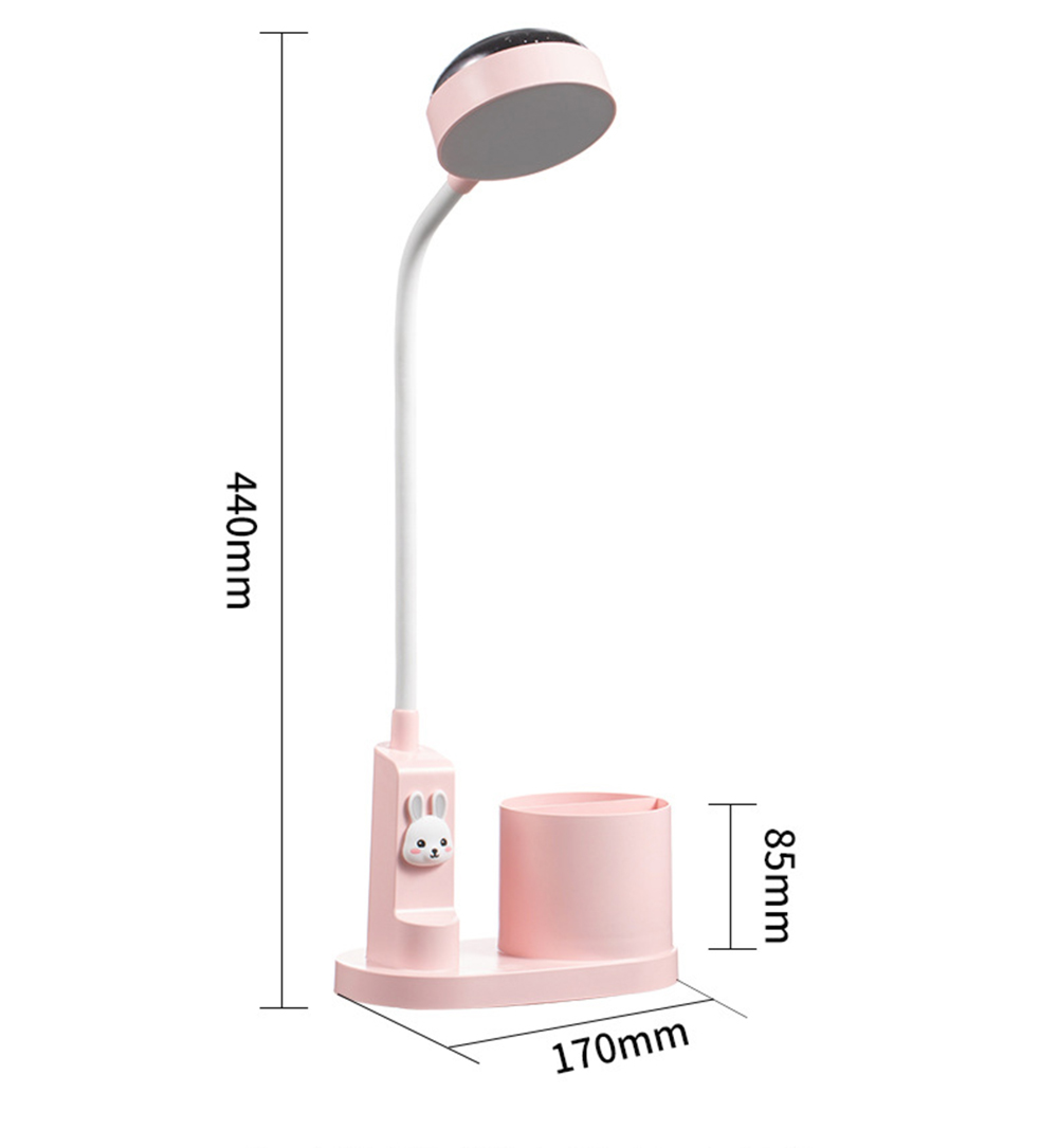 Eine rosa Schreibtischlampe mit Hasenmotiv und Stiftehalter. Maße: 440 mm hoch.