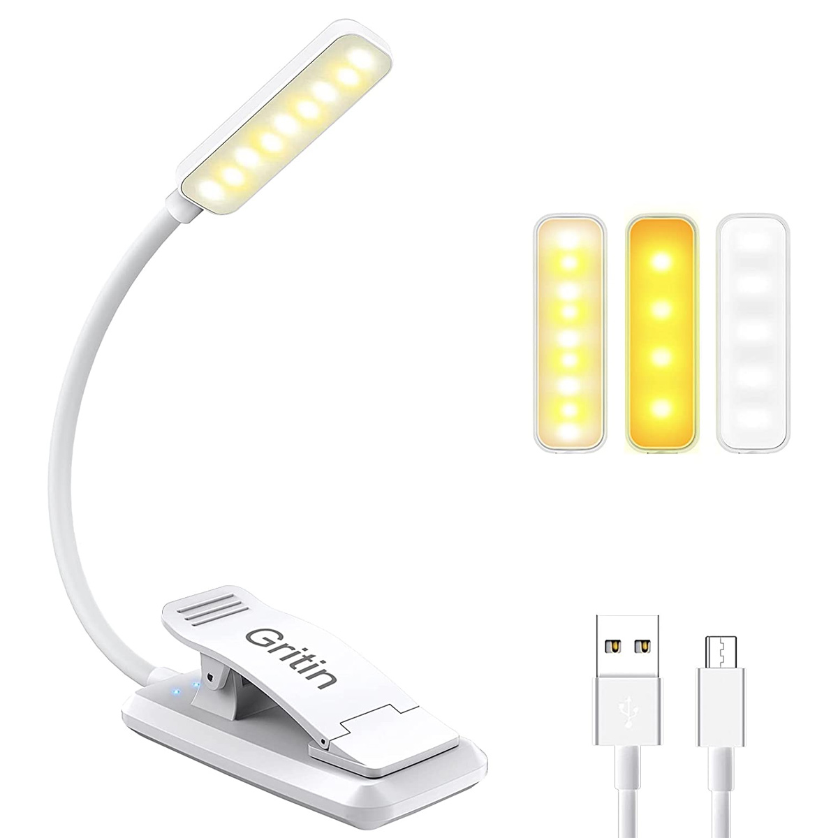 Ein weier Clip-on-Leselampenkopf mit LEDs und zwei USB-Kabeln.