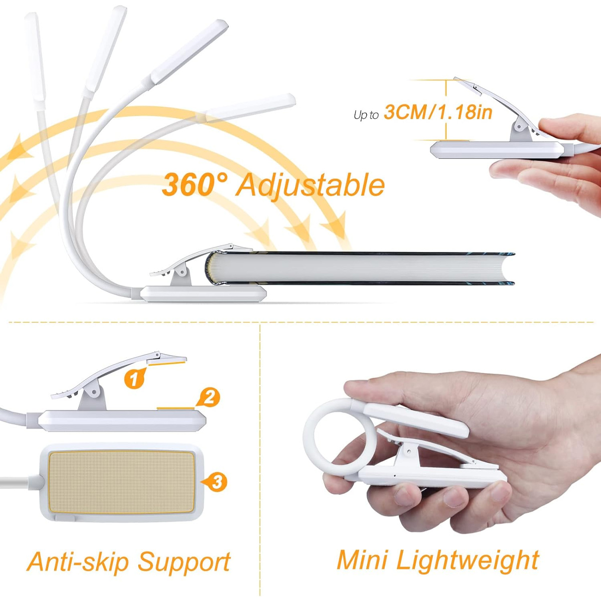 Ein weißes Klemm-Lesezeichen-Licht ist 360 Grad verstellbar. Clip öffnet bis zu 3 cm.