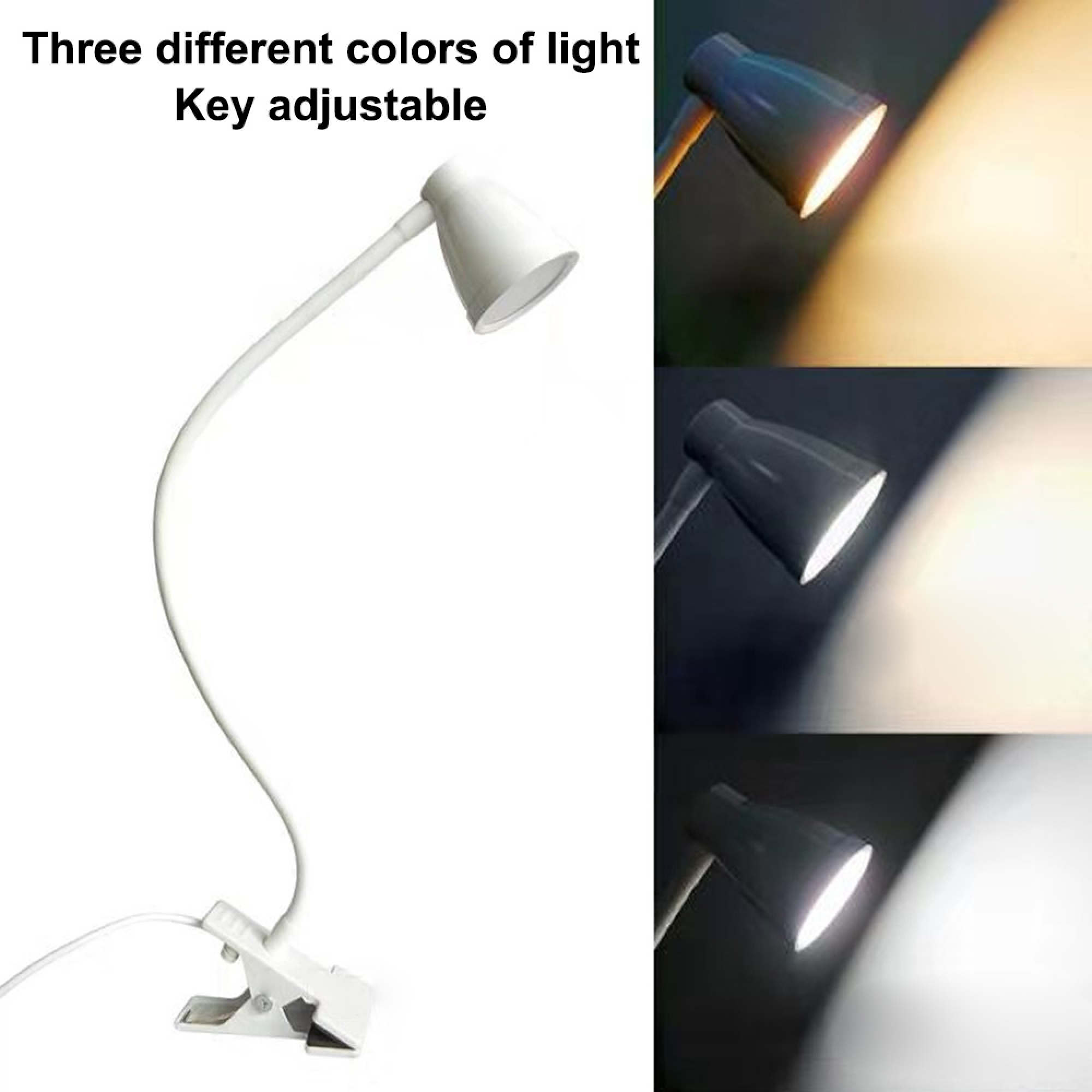 Ein weißer Klemmlampenkopf mit verstellbarem Schwanenhals und drei verschiedenen Lichtfarben.