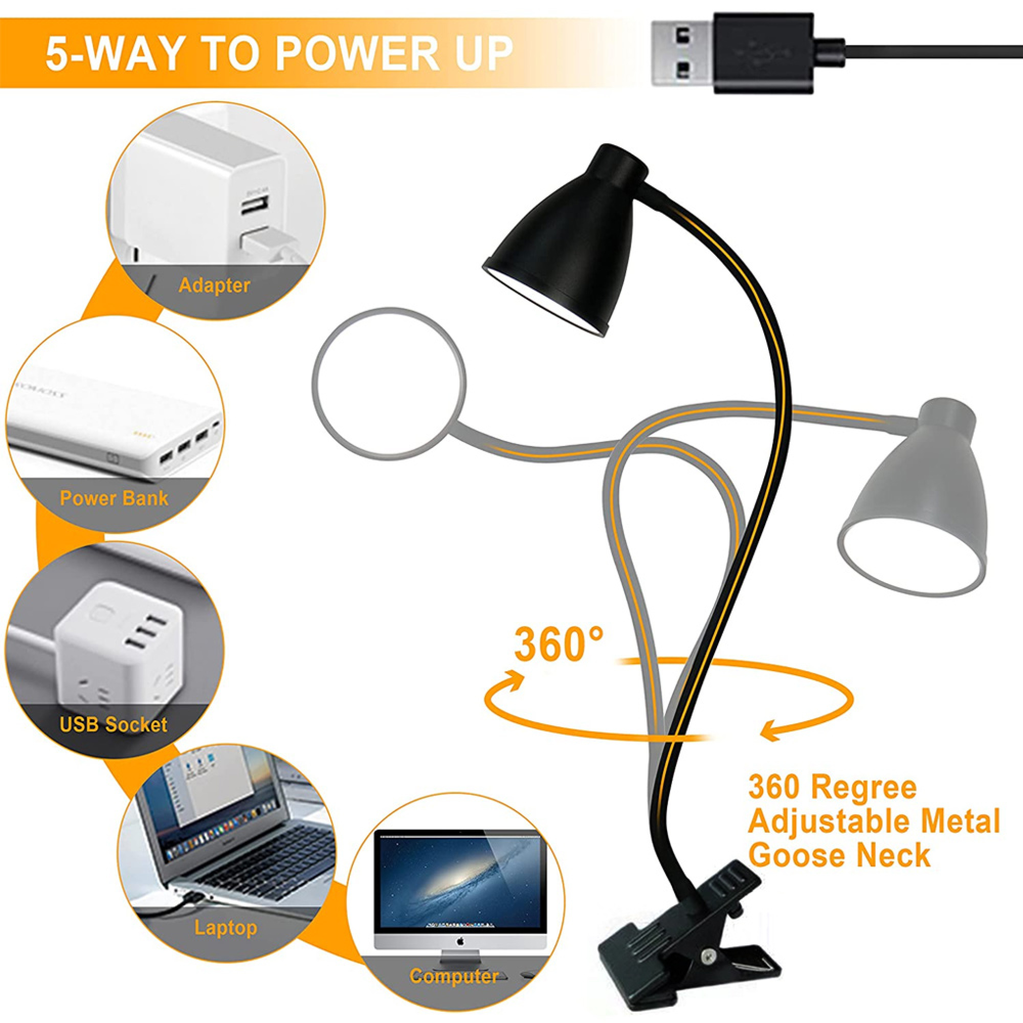 Schwarze Schreibtischlampe mit flexiblem Hals, Clip und verschiedenen Stromquellen.