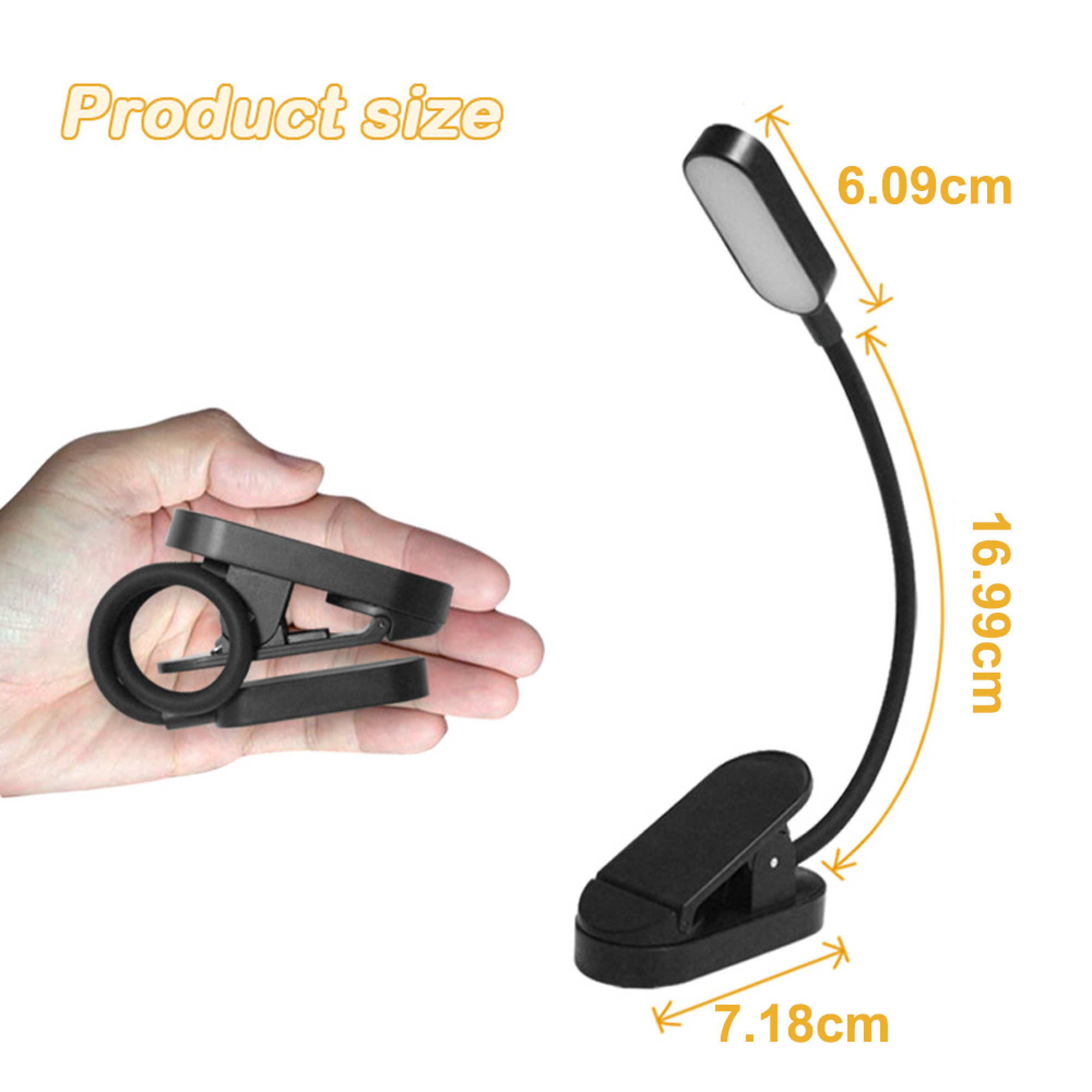 Nahaufnahme eines flexiblen LED-Klemmleuchten-Produkts mit Größenangaben.
