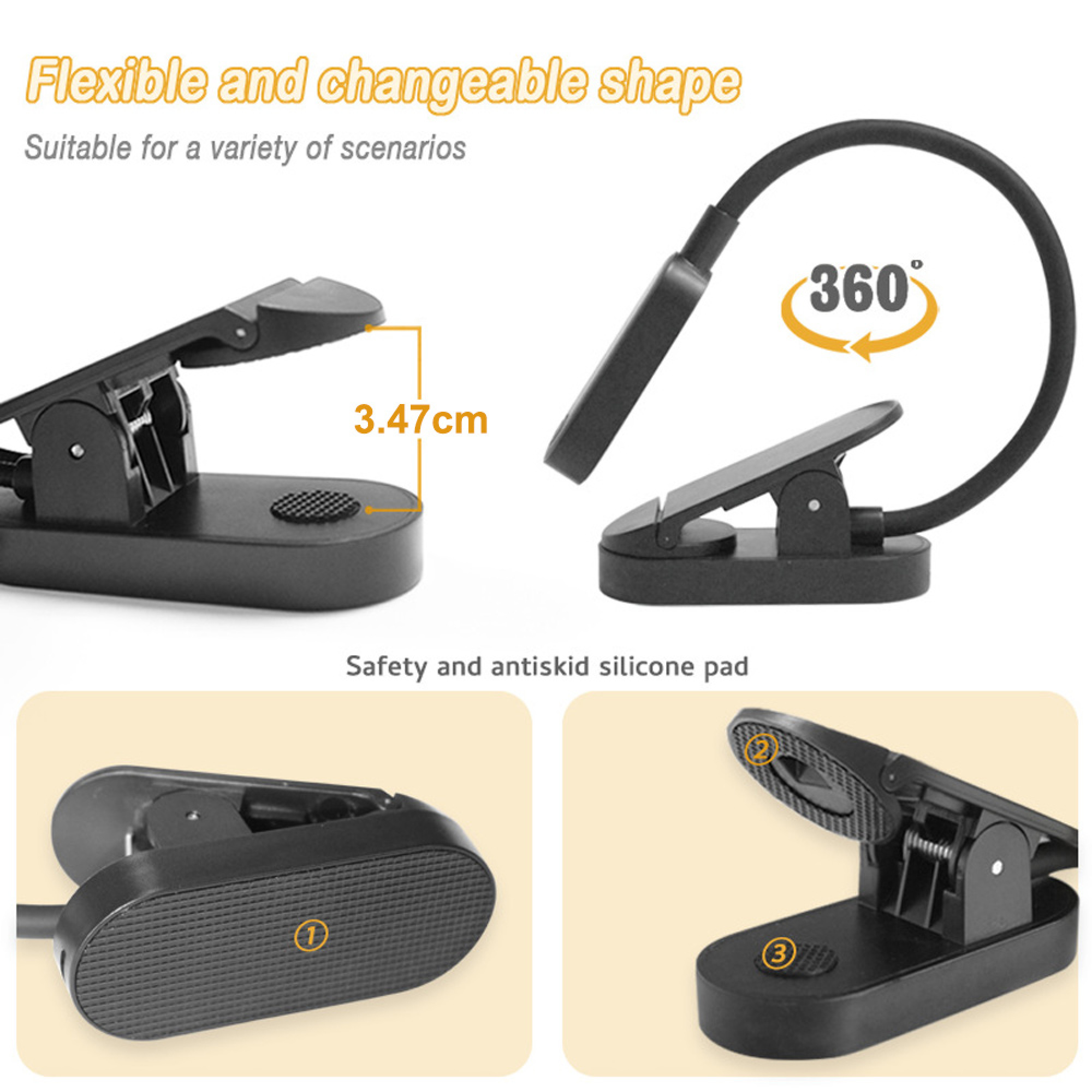 Ein schwarzer Clip-On-Lese-LED-Lampe, flexibel, 360-Grad-Drehung.