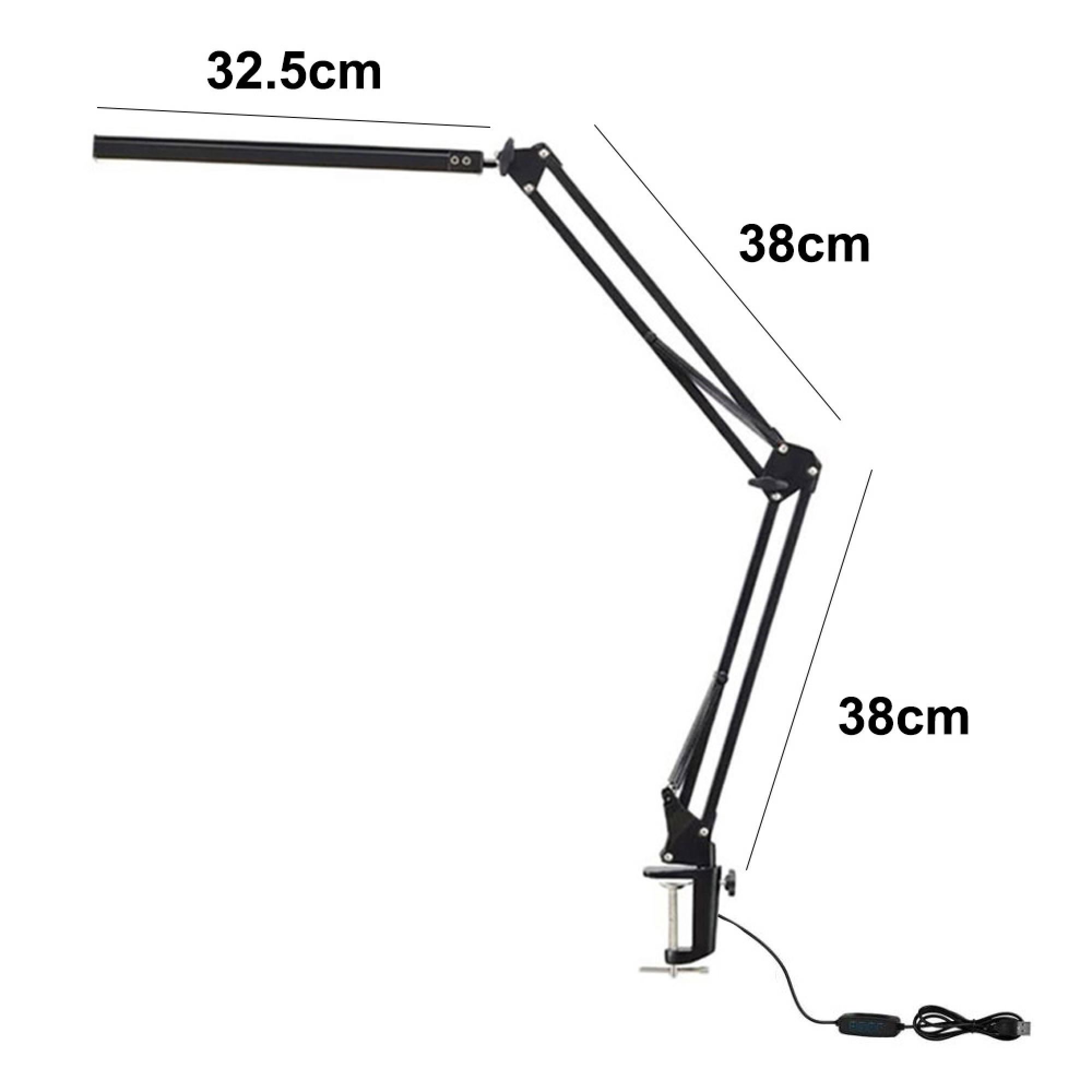 Schwarze Schreibtischlampe mit verstellbaren Armen und Klemme.