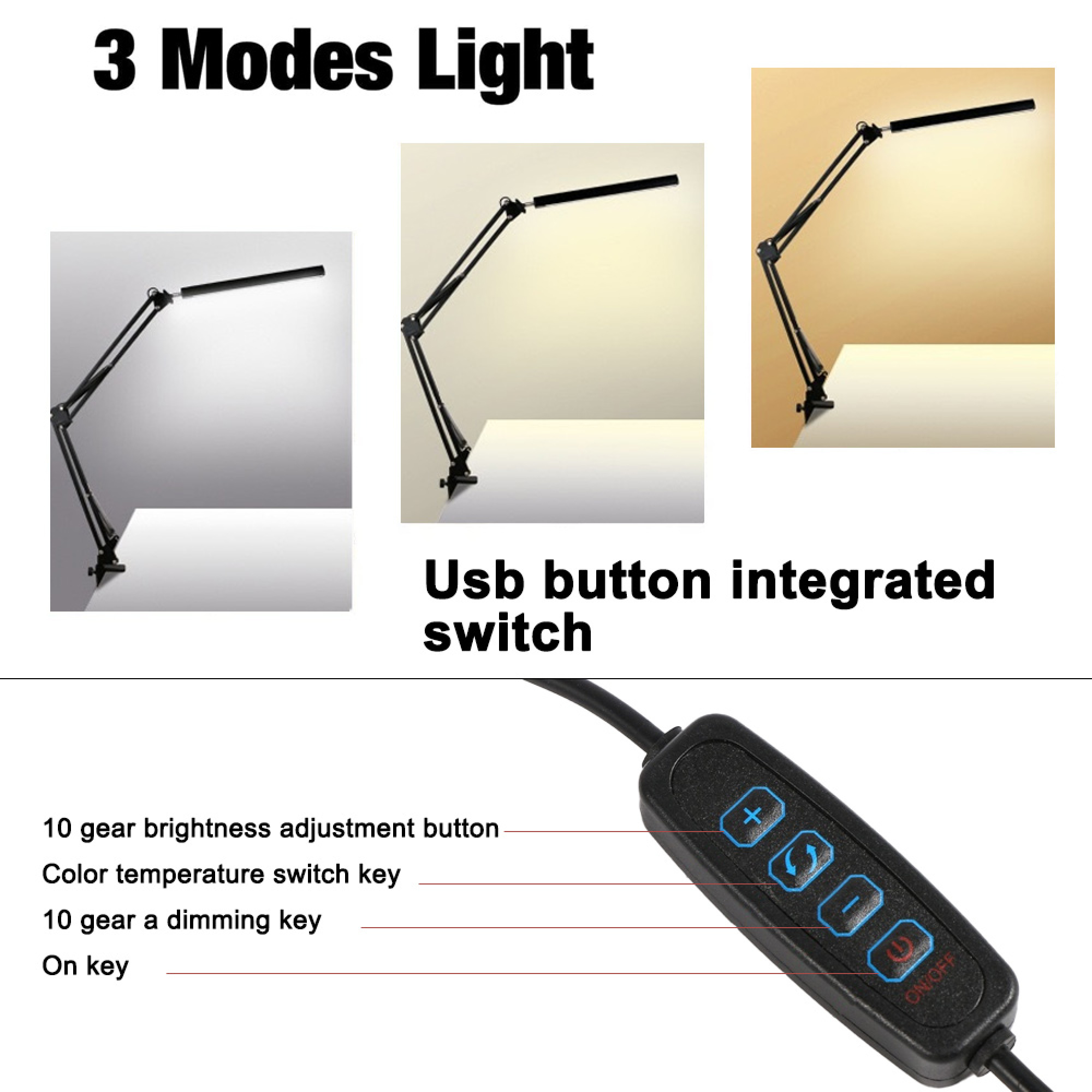 Schwarze Schreibtischlampe mit verstellbarem Arm und integriertem Schalter.