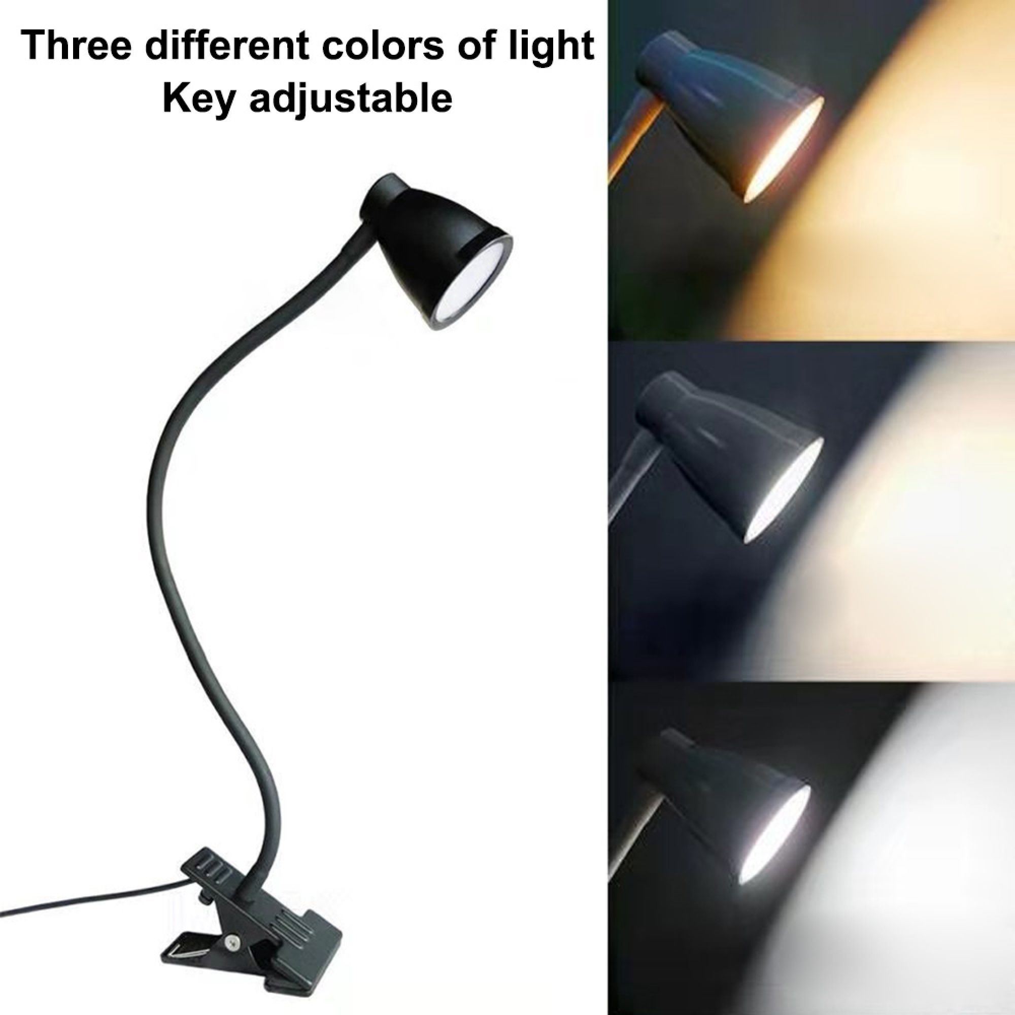 Eine schwarze Klemmleuchte mit verstellbarem Schwanenhals leuchtet in drei verschiedenen Farben.