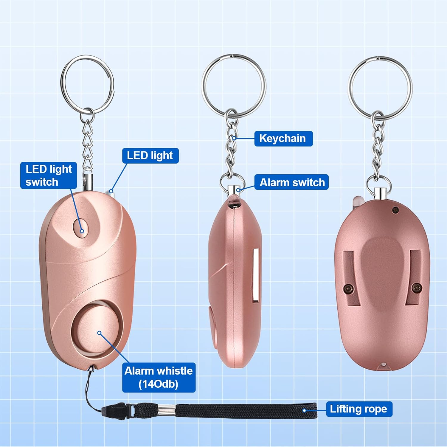 Rosafarbener Schlüsselanhänger mit Alarmfunktion, LED-Licht und Lanyard.