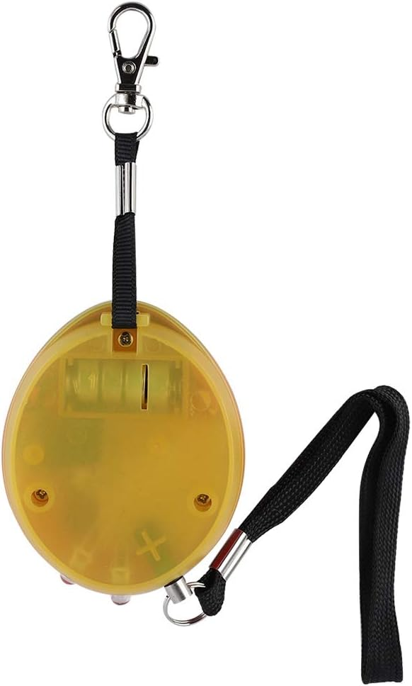 Gelbes Tamagotchi mit schwarzem Lanyard und Clips, Hintergrund weiß.