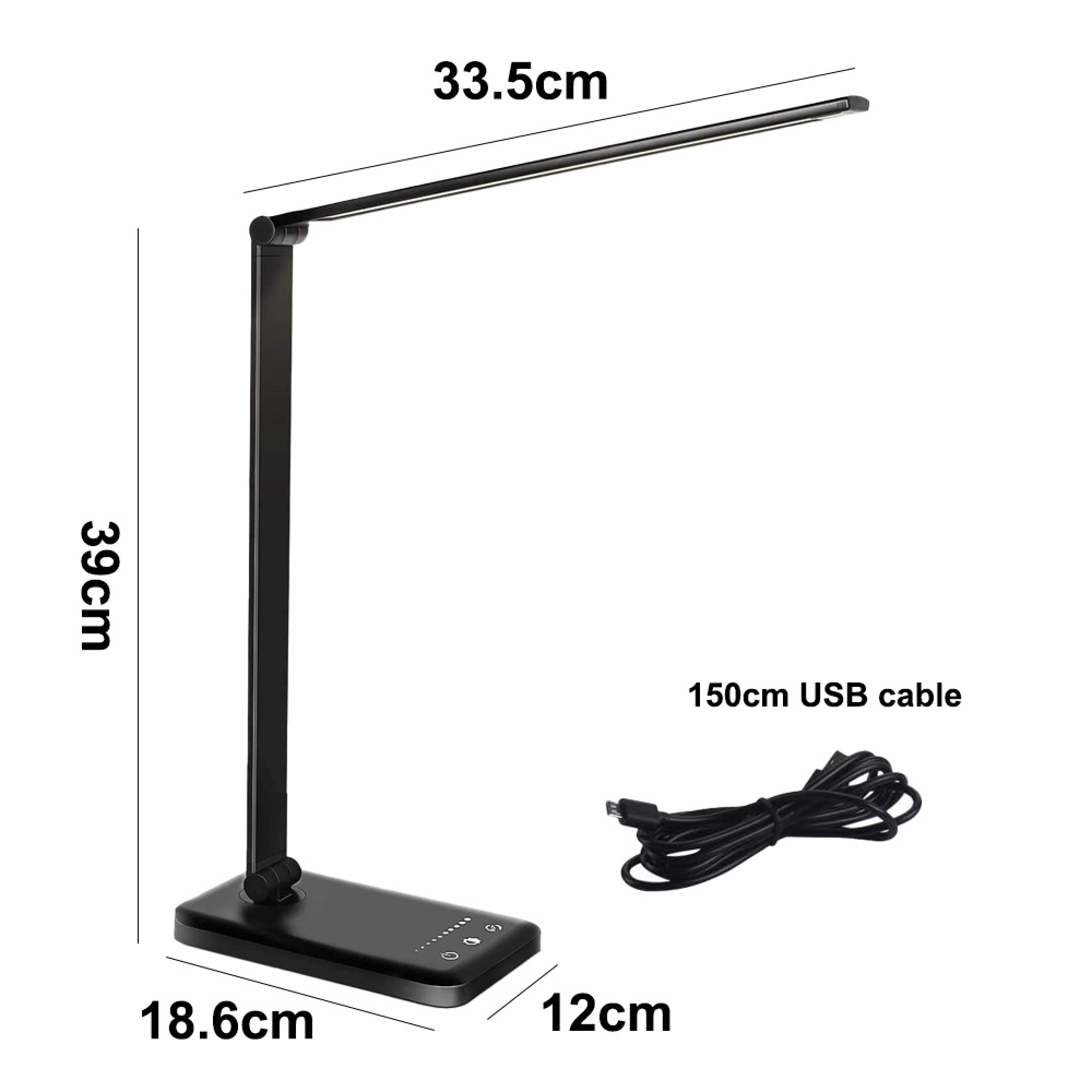 Schwarze Schreibtischlampe mit verstellbarem Arm und 150cm USB-Kabel.