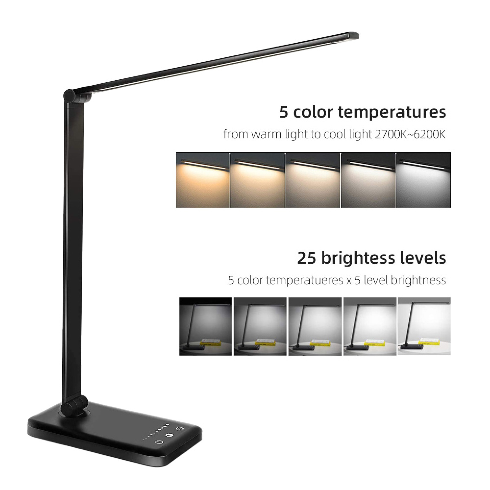 Schwarze LED-Schreibtischlampe mit verstellbarem Arm und Sockel, zeigt verschiedene Lichtfarben und Helligkeitsstufen.