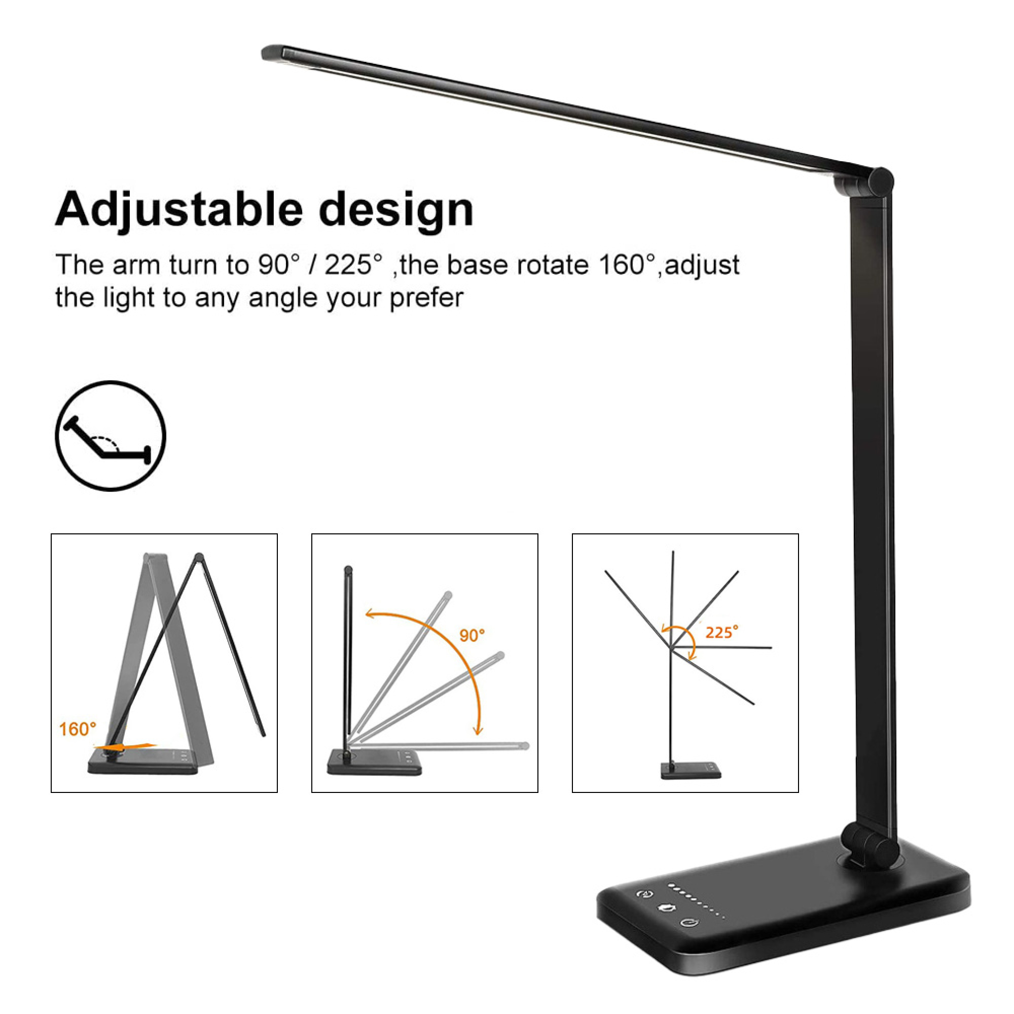 Schwarze Schreibtischlampe mit verstellbarem Arm und Basis, die verschiedene Winkel zeigt.