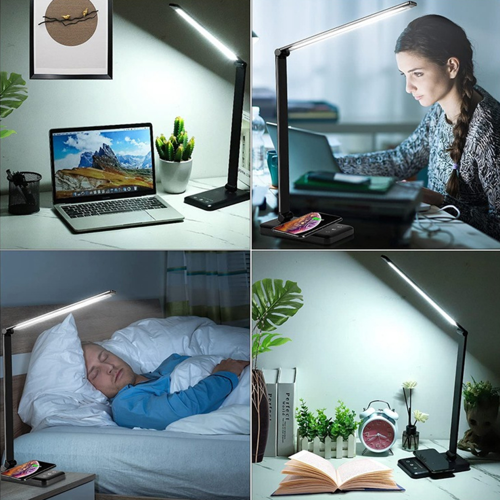 Vier Szenen: Schreibtisch mit Laptop, Frau am Laptop, Mann schläft, Schreibtisch mit Uhr.
