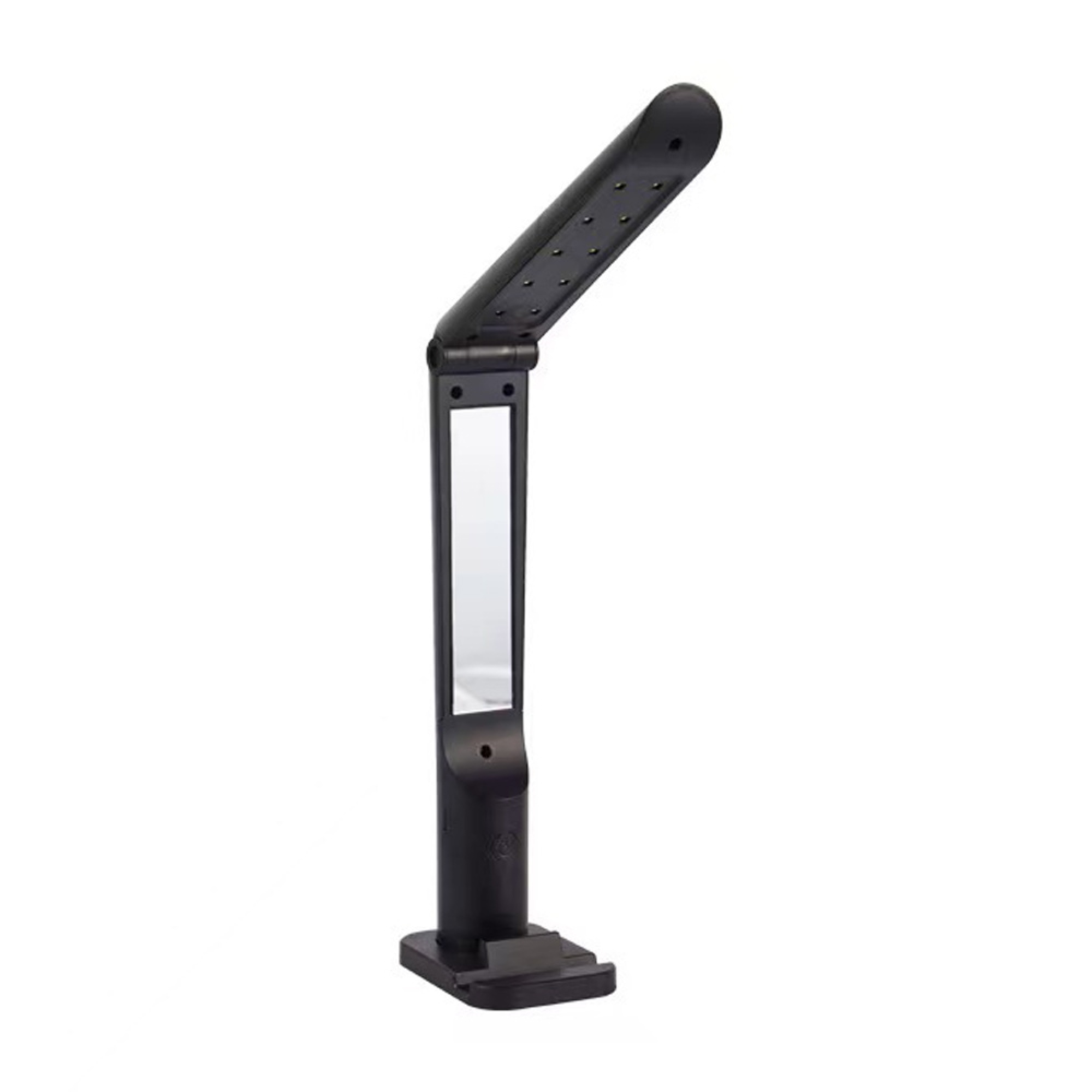 Eine schwarze, aufklappbare LED-Tischlampe mit rechteckigem Spiegel.