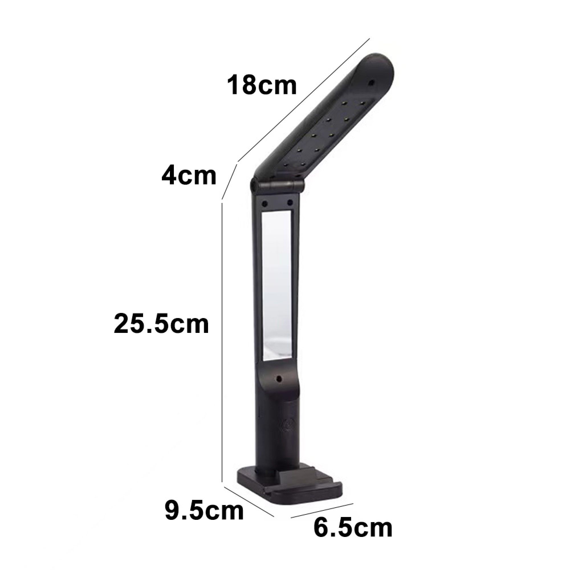 Schwarze LED-Lampe mit Maßen, auf weißem Hintergrund.