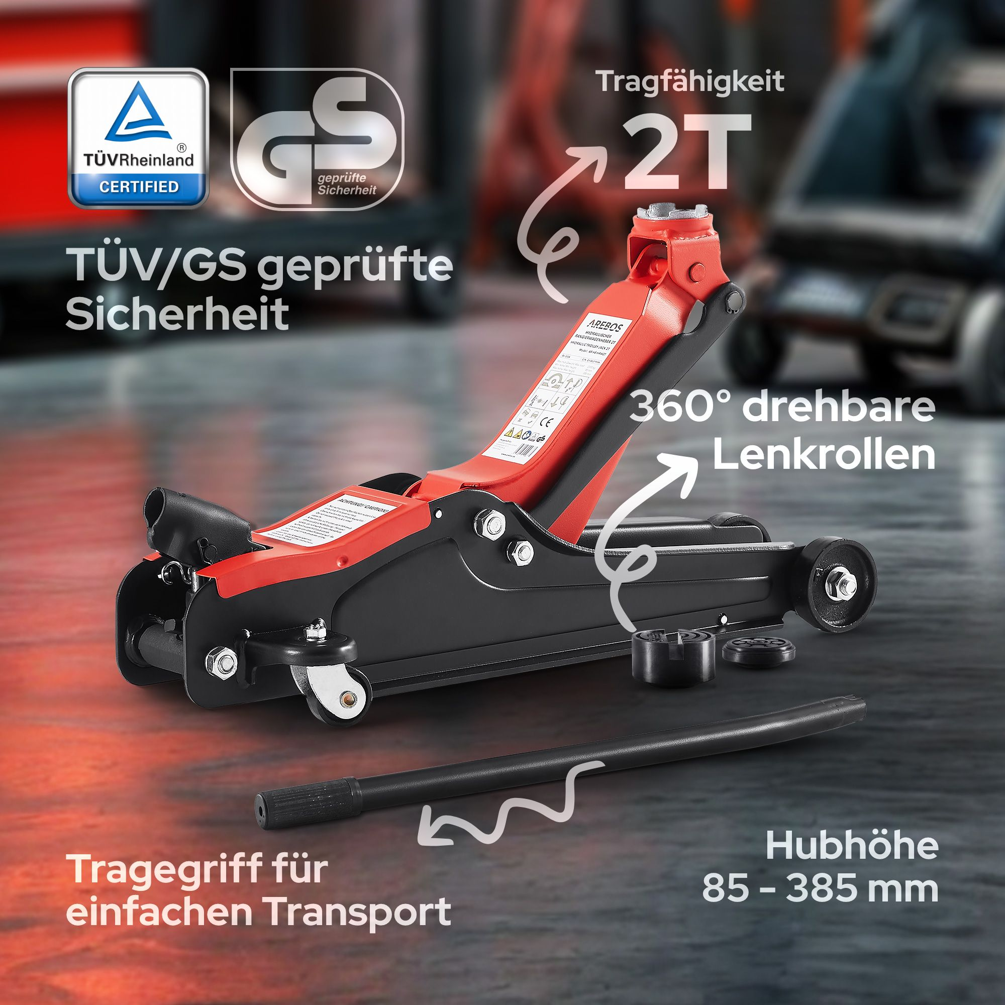 Carrello idraulico rosso con capacità 2T, ruote girevoli 360°, maniglia e altezza di sollevamento 85-385mm.