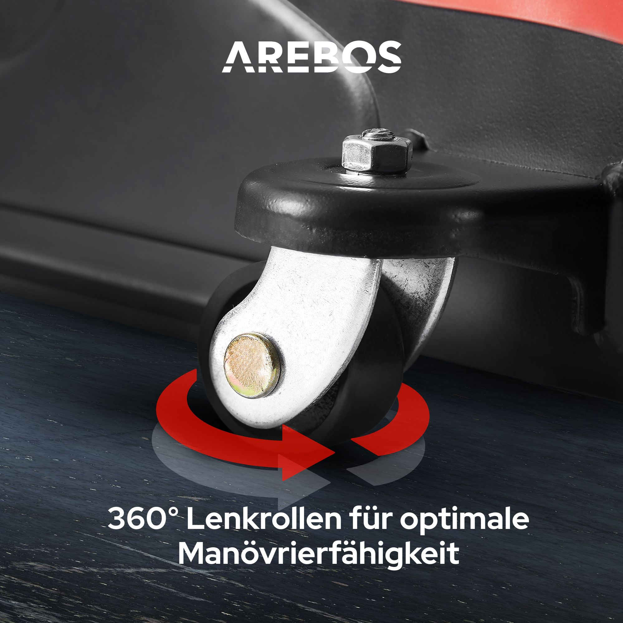 Ruote piroettanti AREBOS a 360° per manovrabilità ottimale su superficie scura.