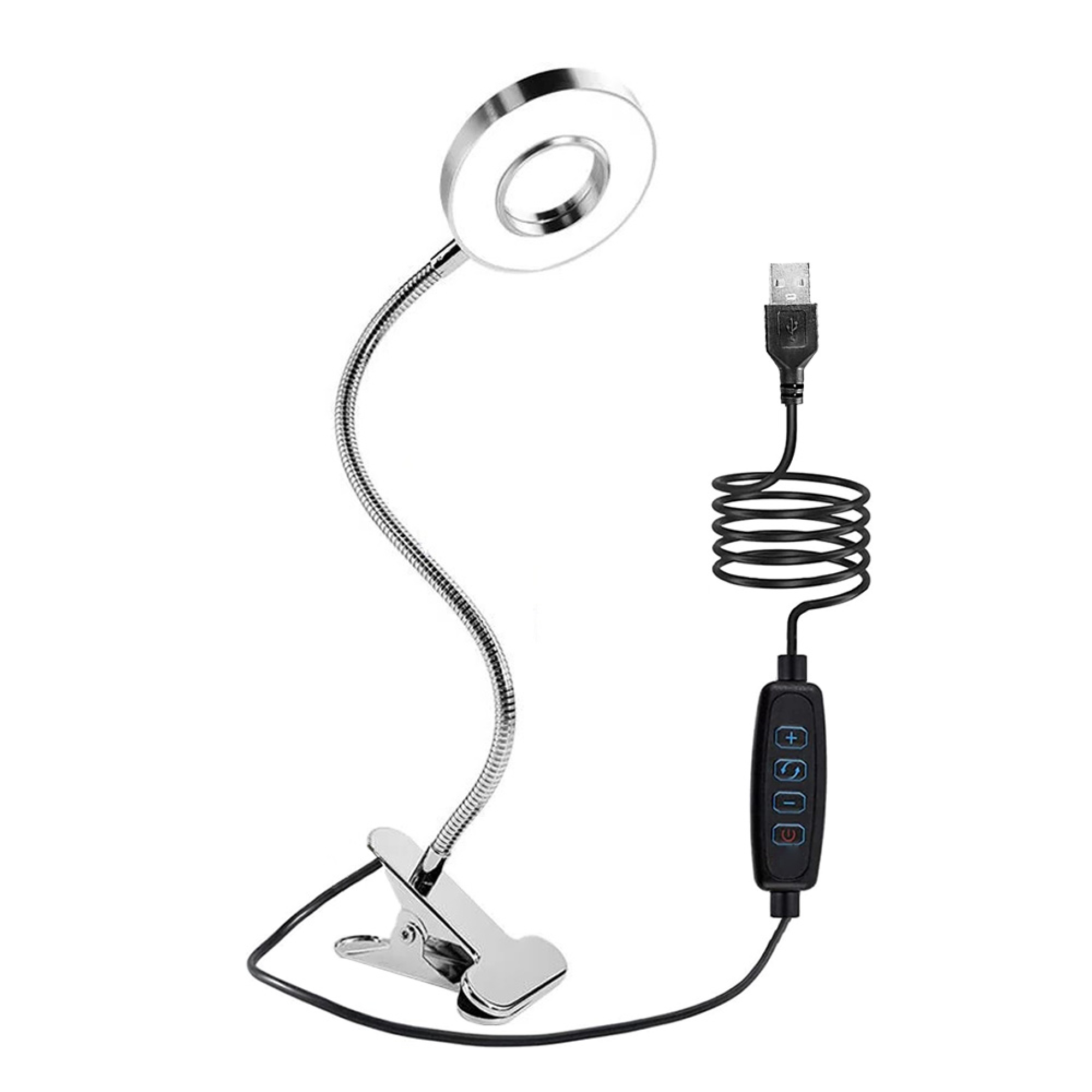 Eine silberne LED-Ringlampe mit Clip, flexiblem Hals und USB-Kabel.