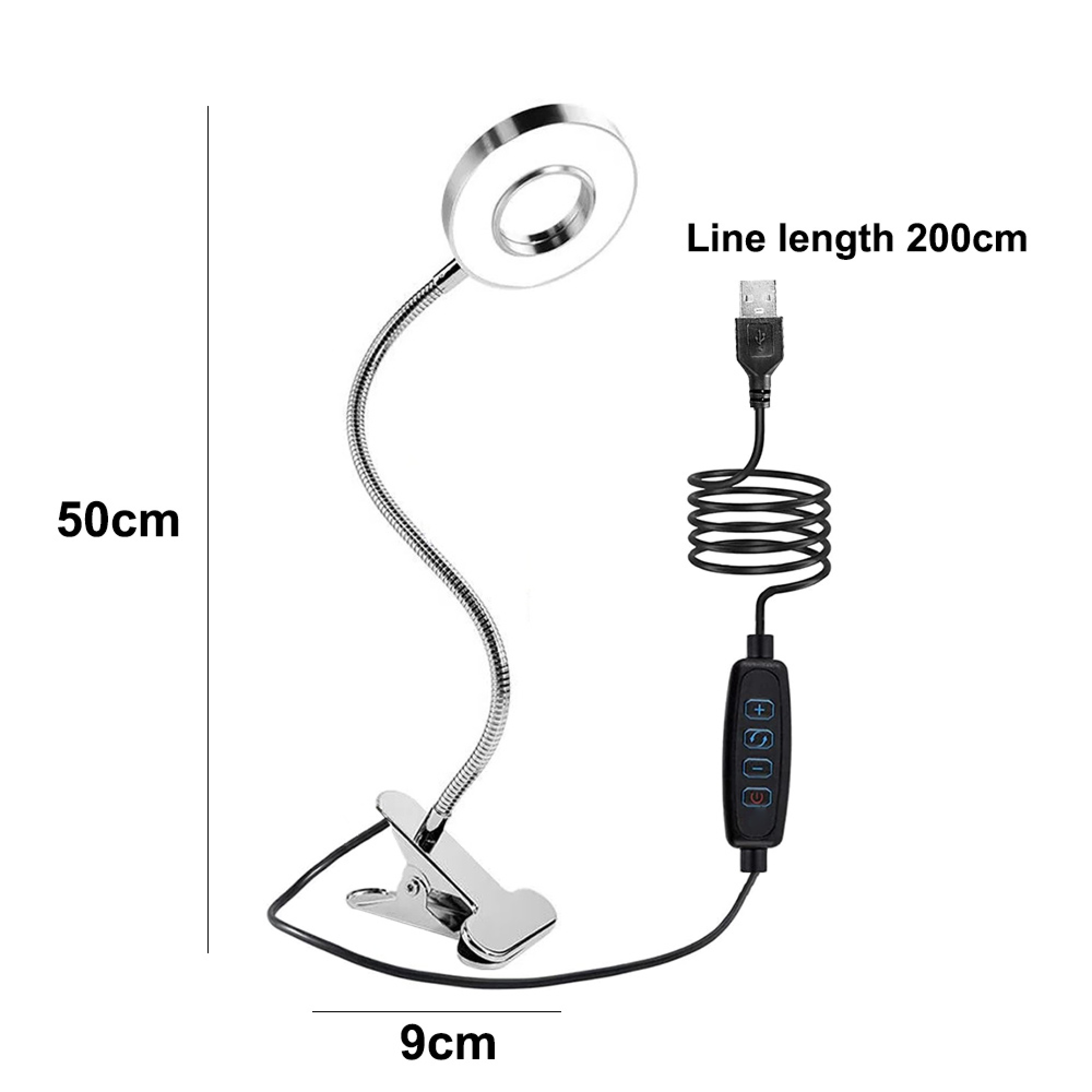 Eine runde LED-Lampe mit flexiblem Arm, USB-Anschluss und Klemme.