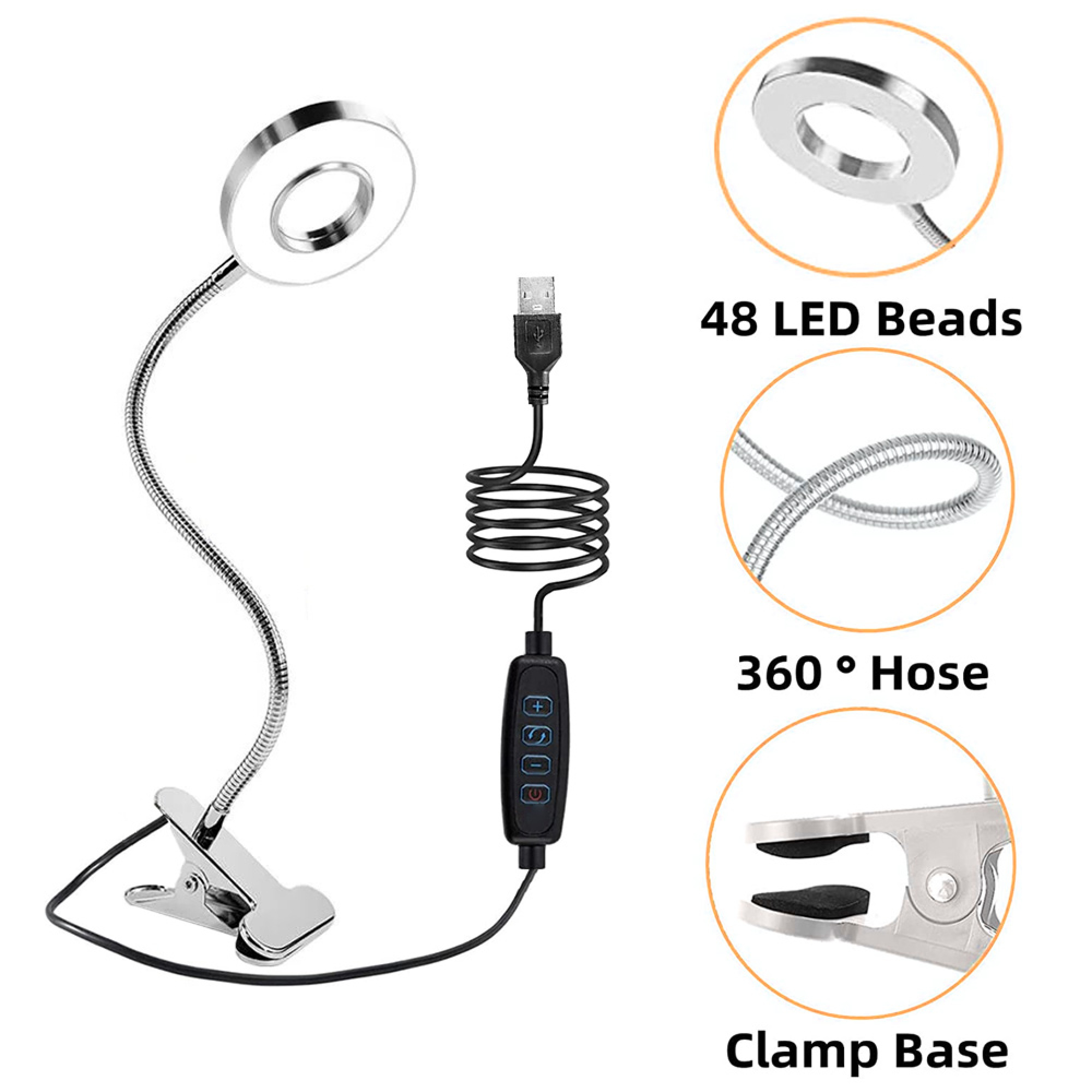 Eine silberne Ringbeleuchtung mit flexiblem Schlauch, USB-Kabel und Klemmfuß.