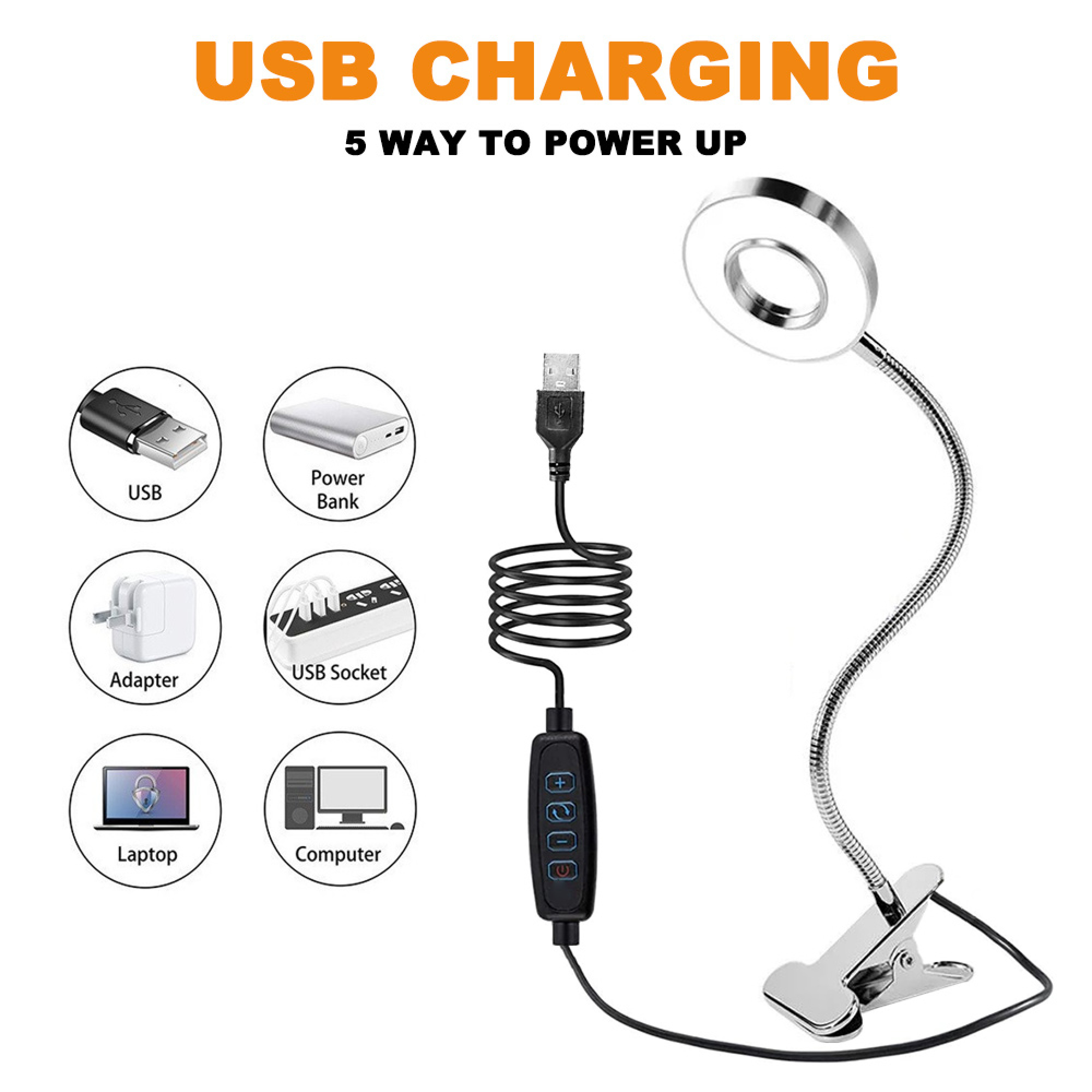 USB-Ladegerät mit 5 Stromversorgungsoptionen: USB, Powerbank, Adapter, Buchse, Laptop, Computer.